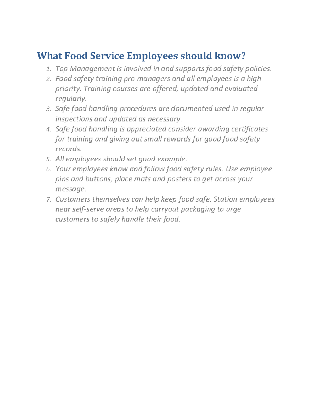 What Food Service Employees should know Food safety training pro