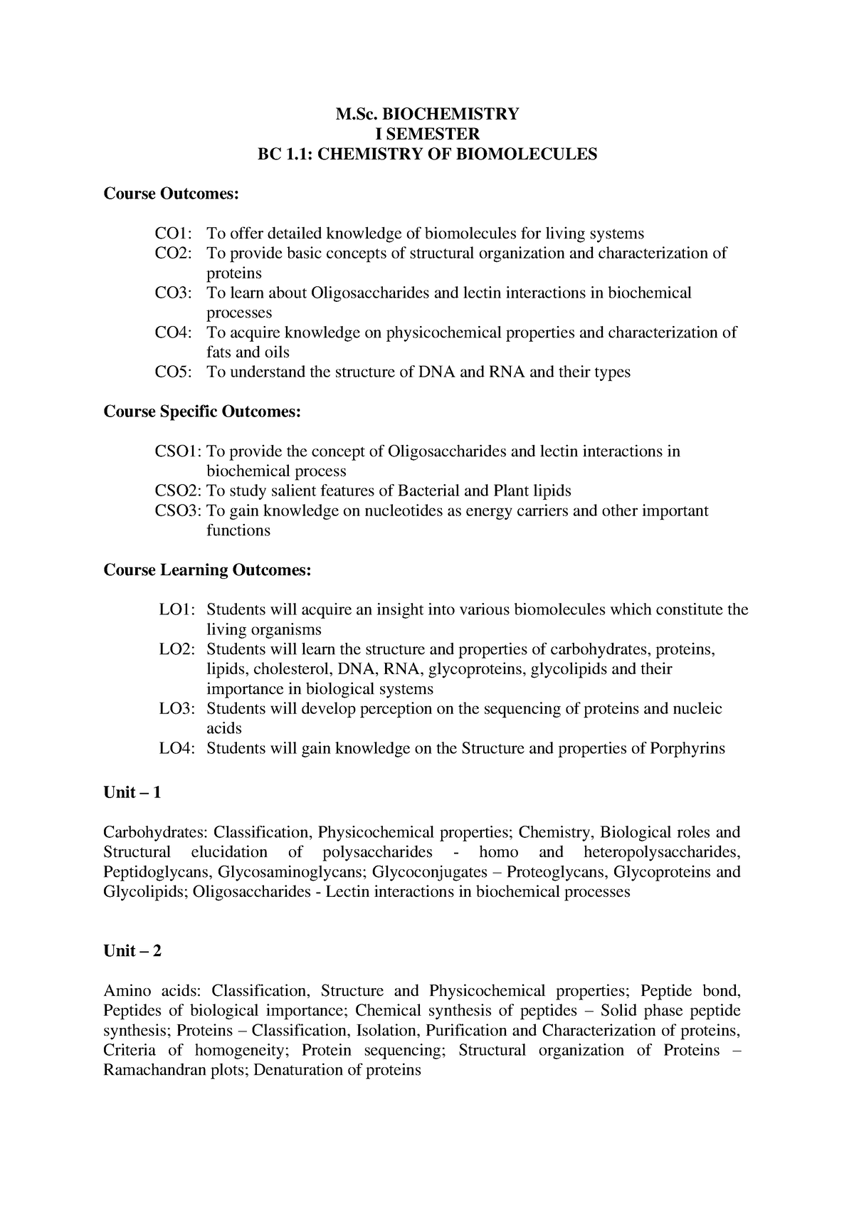 M.Sc Biochemistry I Semester syllabus - M. BIOCHEMISTRY I SEMESTER BC 1 ...