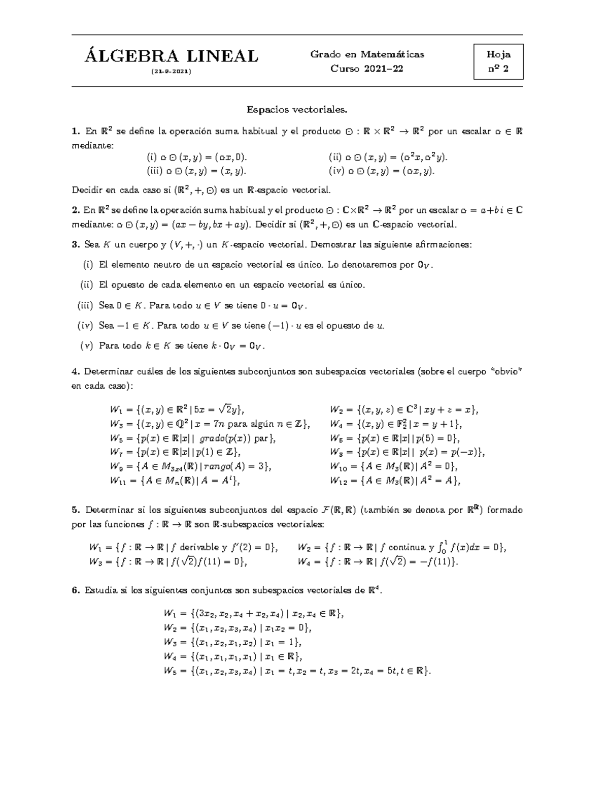 Álgebra Lineal Hoja De Ejercicios 2 20212022 Algebra Lineal ́ 21 9 2021 Grado En Matem 8230