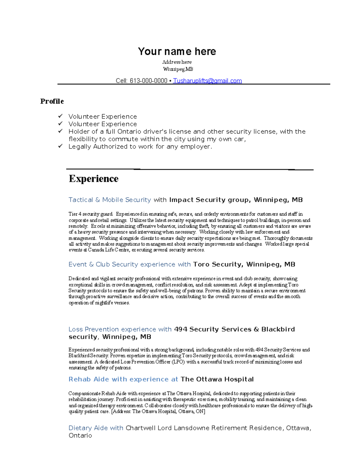 Canadian style Resume Tusharuplifts - Your name here Address here ...