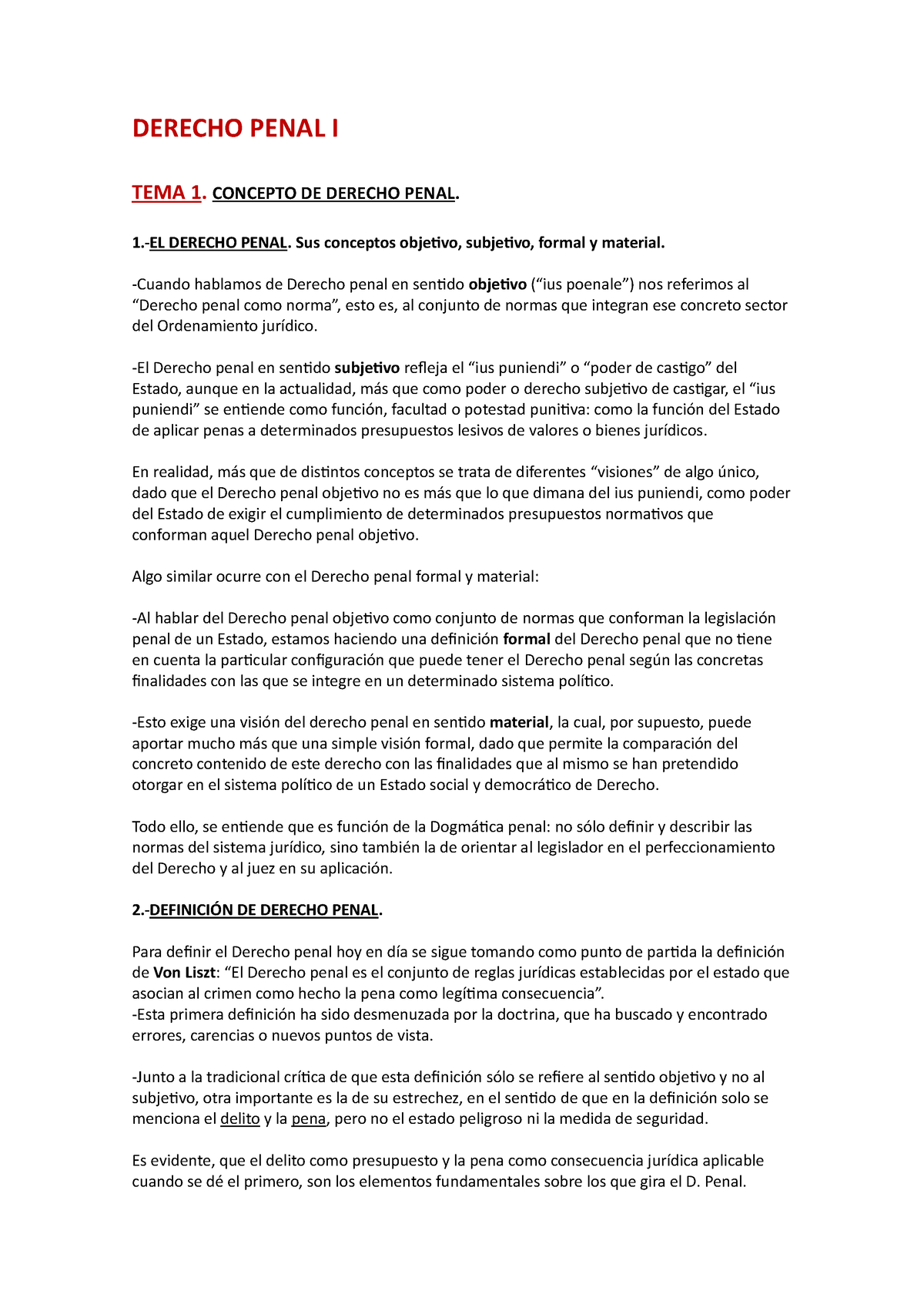 Penal I Resumen - DERECHO PENAL I TEMA 1. CONCEPTO DE DERECHO PENAL. 1 ...