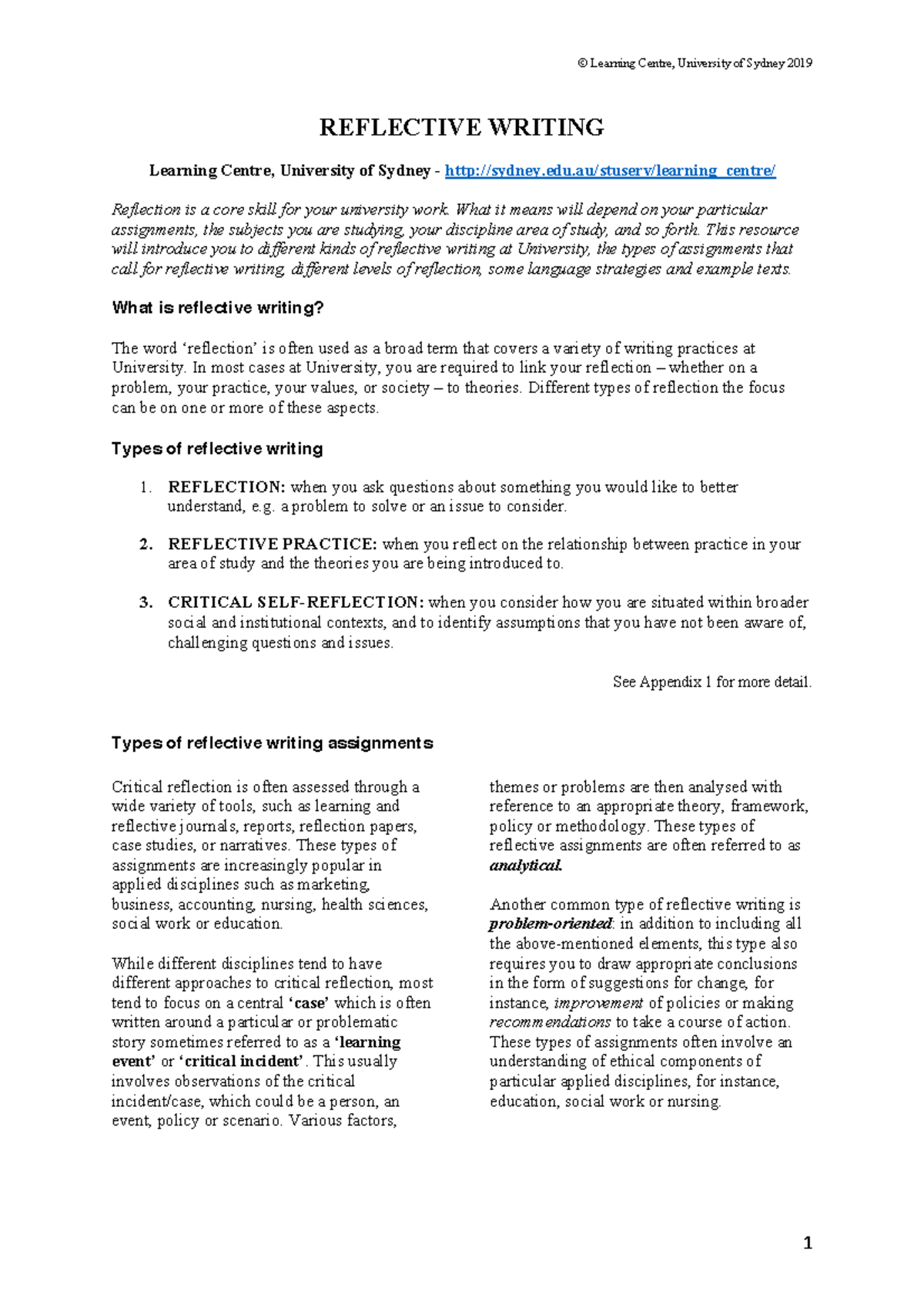 4 Reflective Writing - Note - REFLECTIVE WRITING Learning Centre ...