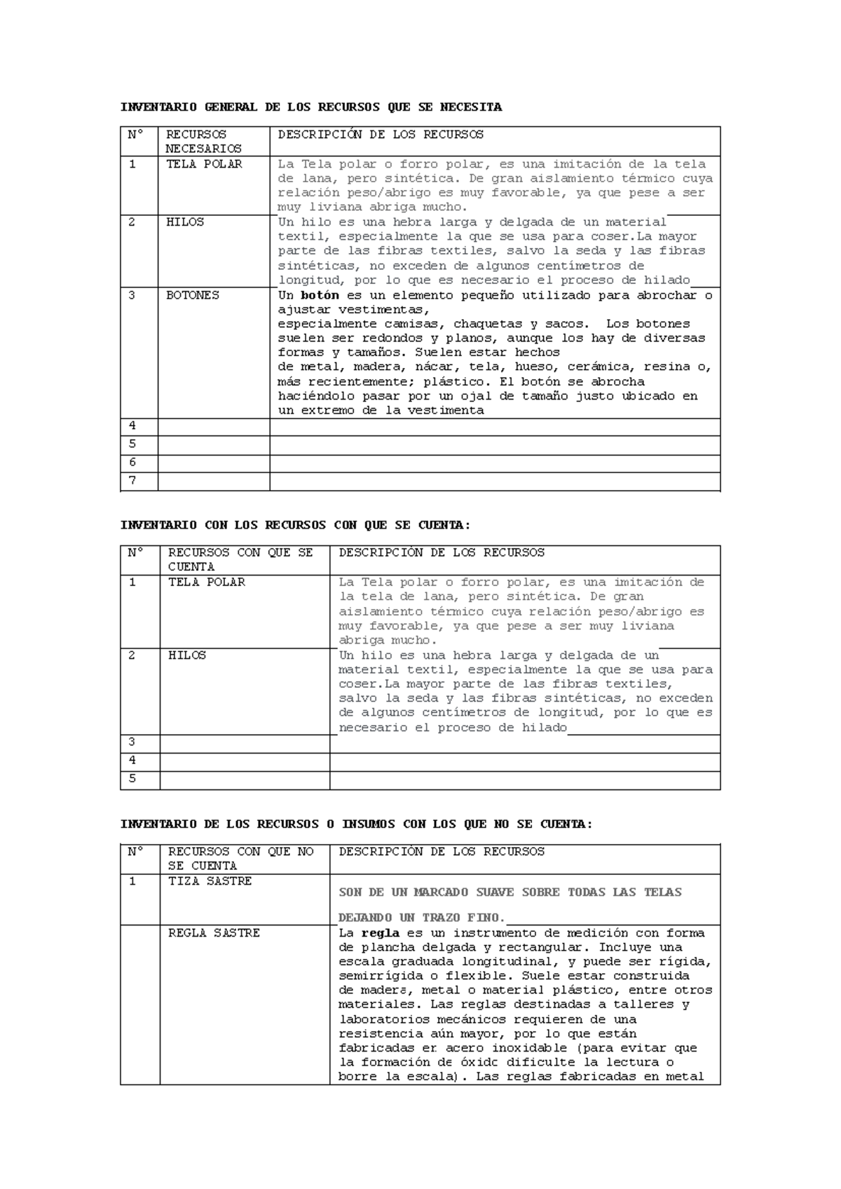 Inventario General De Los Recursos Que Se Necesita Inventario General De Los Recursos Que Se