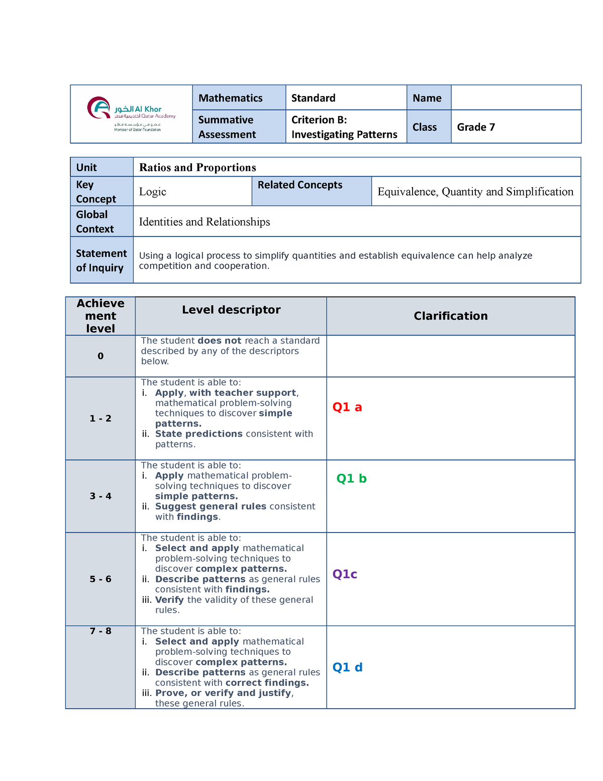 Formative Assessment Criterion B - Mathematics Standard Name Summative ...