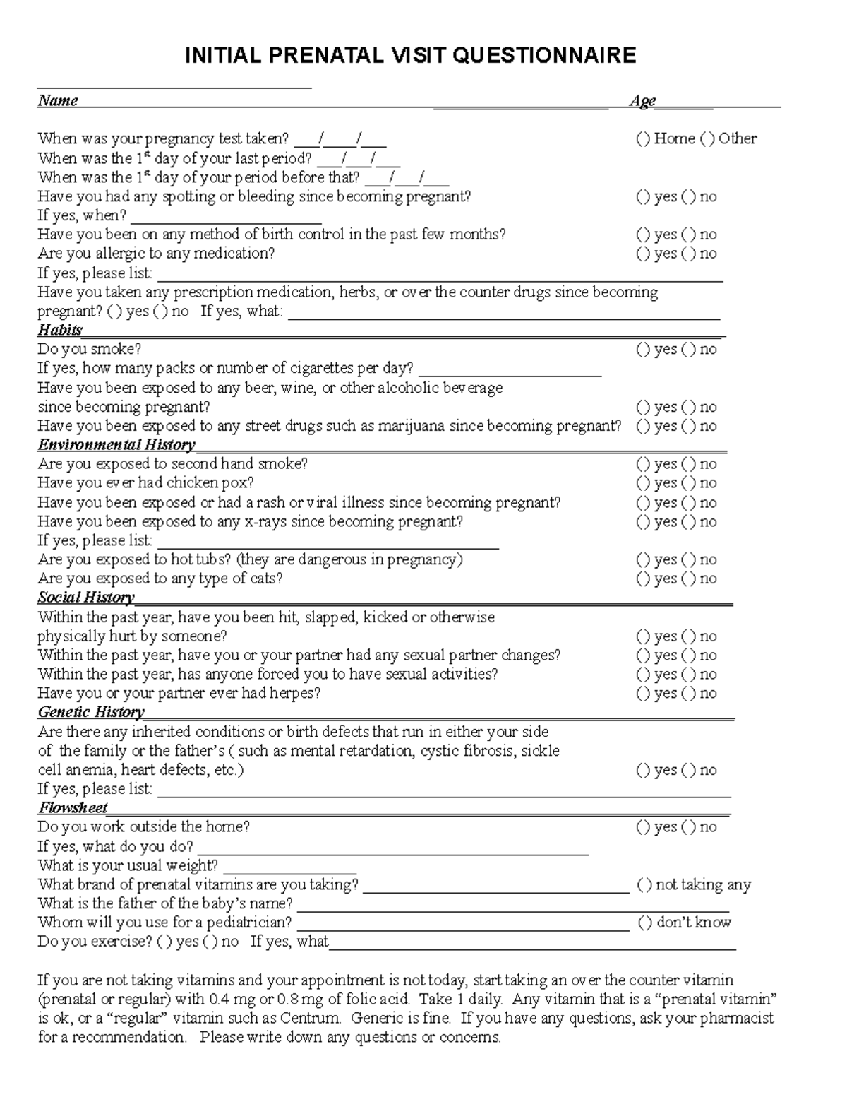 Initial Prenatal Visit Questionnaire - INITIAL PRENATAL VISIT ...