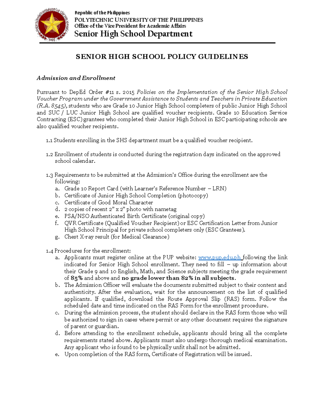 Revised PUP SHS Policy - IMPORTANT DOC - POLYTECHNIC UNIVERSITY OF THE ...