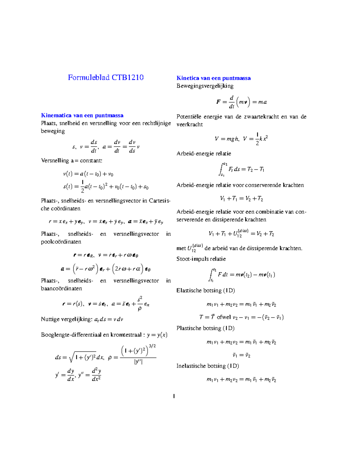 CTB1210 Formules 8 - Formuleblad CTB Kinematica Van Een Puntmassa ...