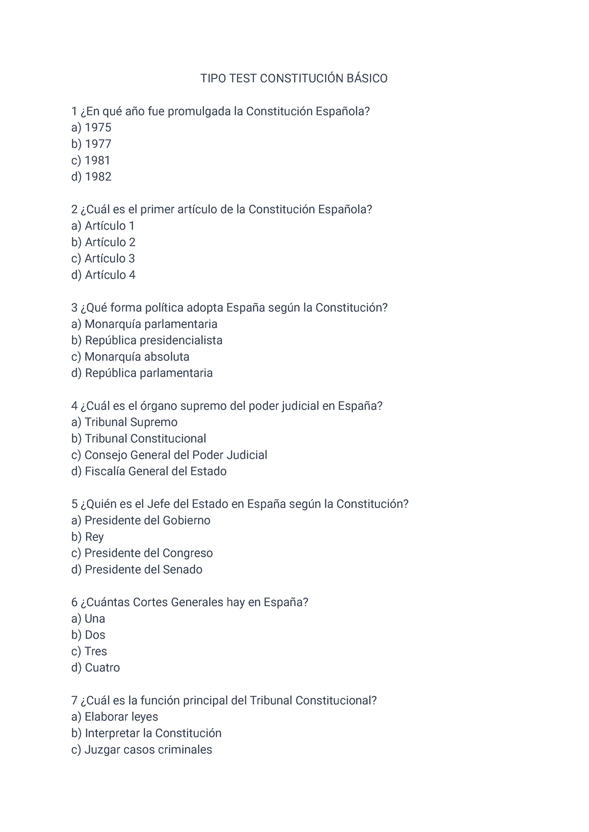 Documento Sin Título - Tipo Test Inicial Sobre Constitución Española ...