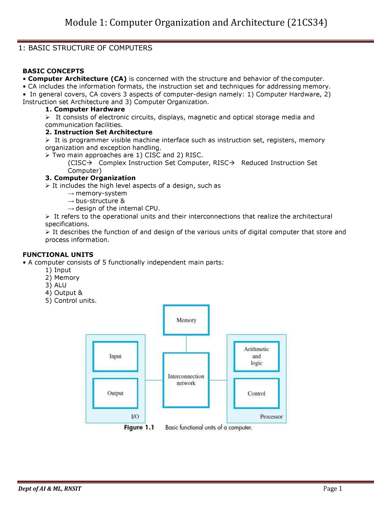 Module 1 Notes - 1: BASIC STRUCTURE OF COMPUTERS BASIC CONCEPTS ...