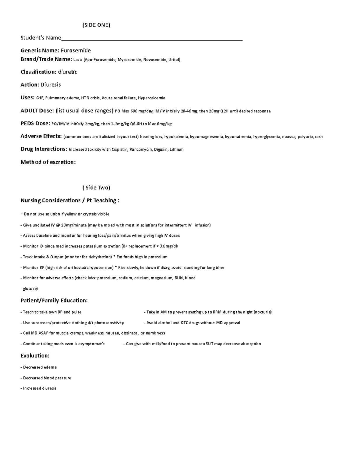 Medication Card template - (SIDE ONE) Student’s - Studocu