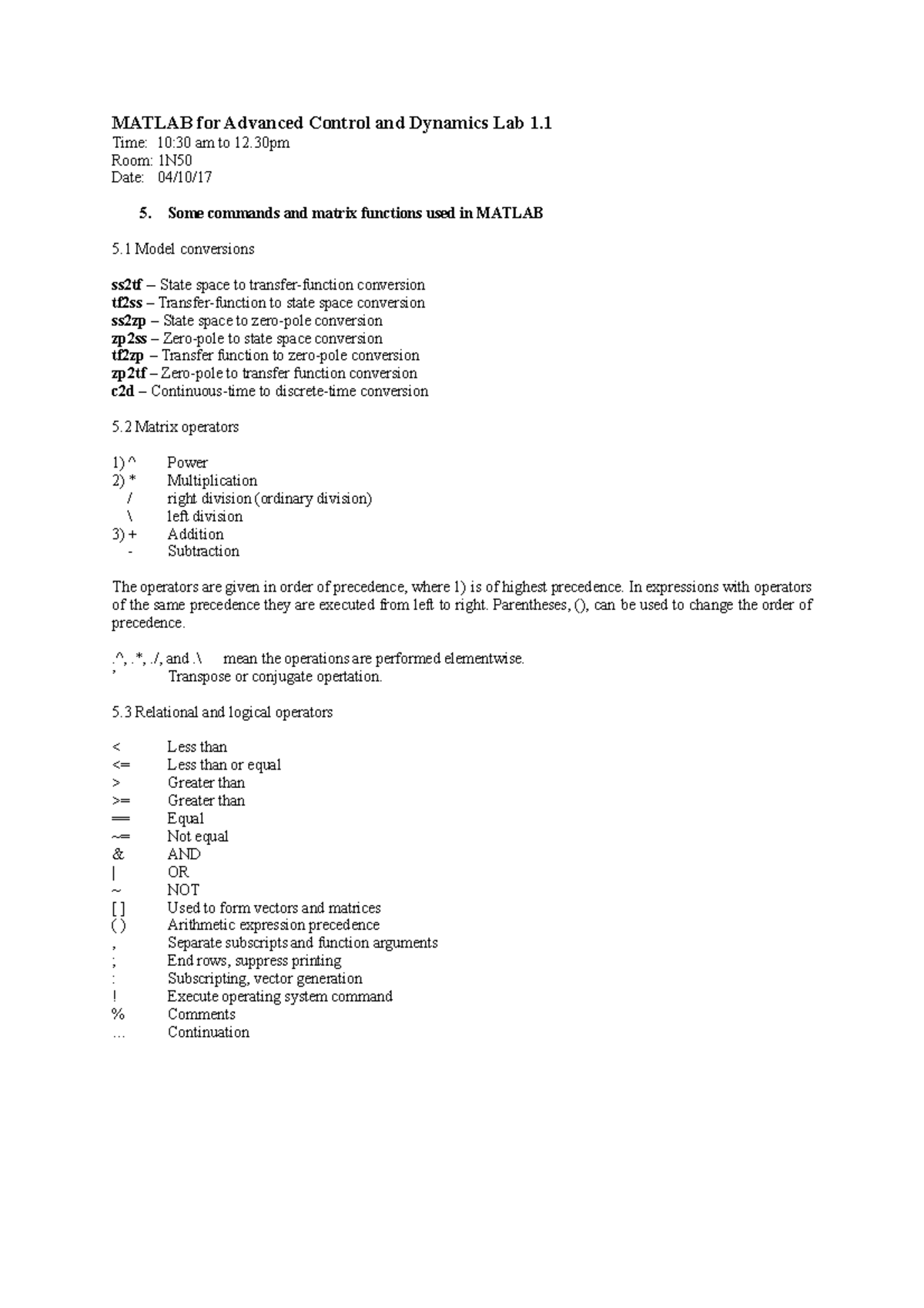 Advanced Control and Dynamics Lab 1.1 - Some commands and matrix ...