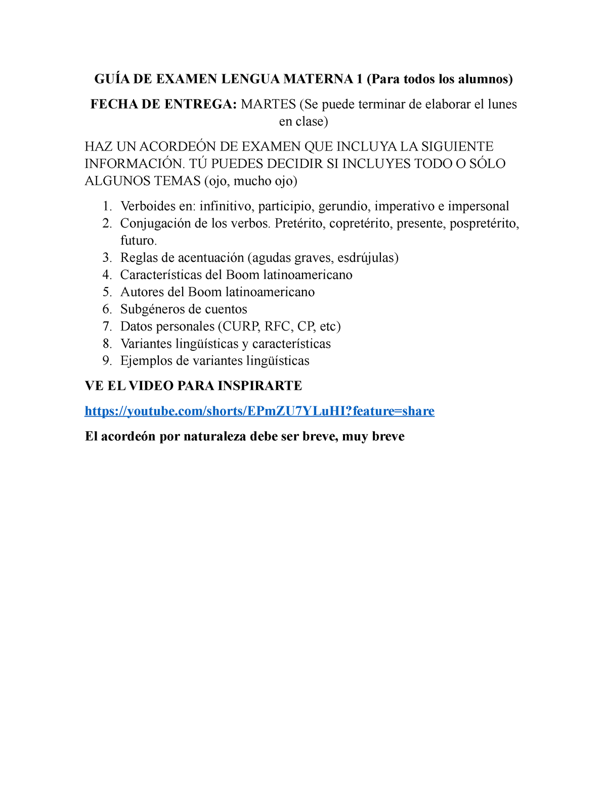 GuÍa De Examen 2 2°periodo GuÍa De Examen Lengua Materna 1 Para Todos Los Alumnos Fecha De