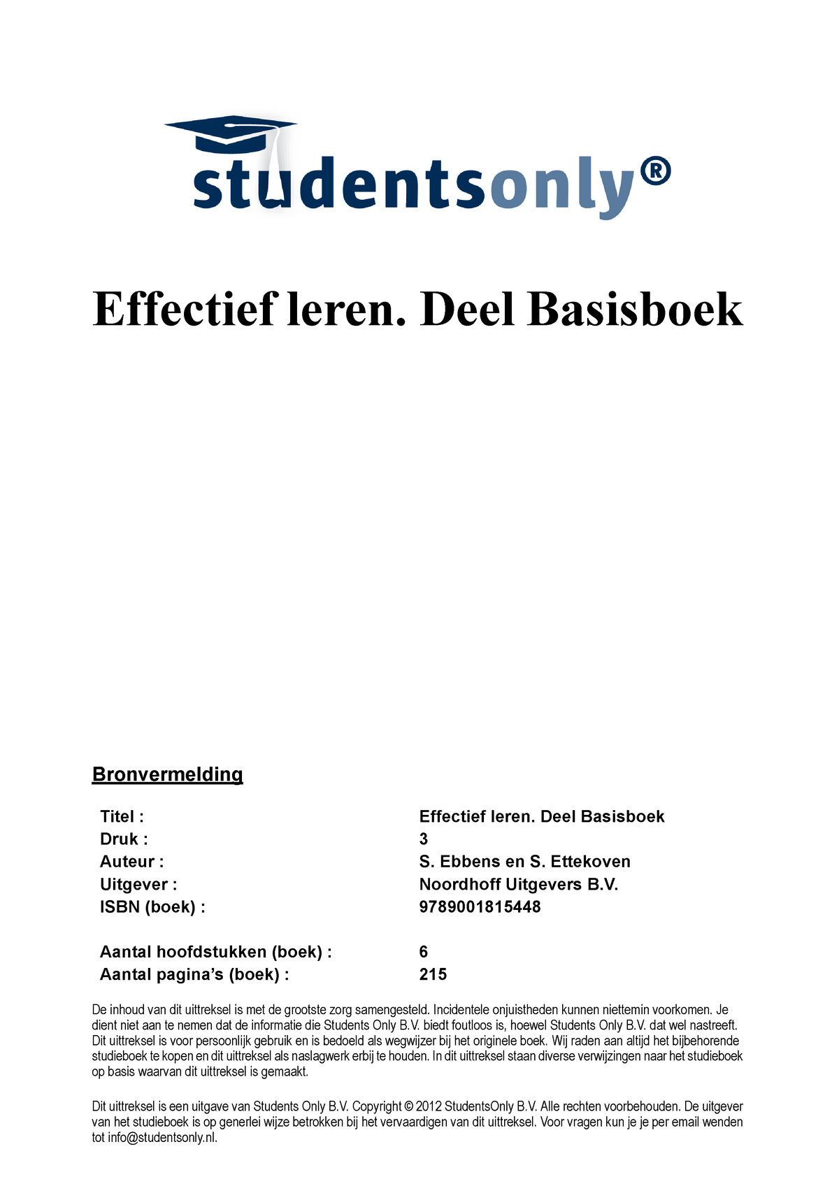 Effectief Leren - Deel Basisboek Bronvermelding Titel : Druk : Auteur ...