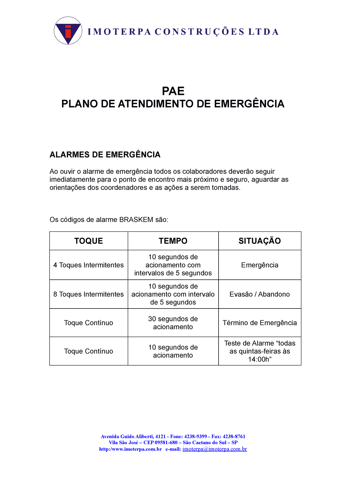 Pae Plano De Atendimento A Emergências Pae Plano De Atendimento De EmergÊncia Alarmes De 