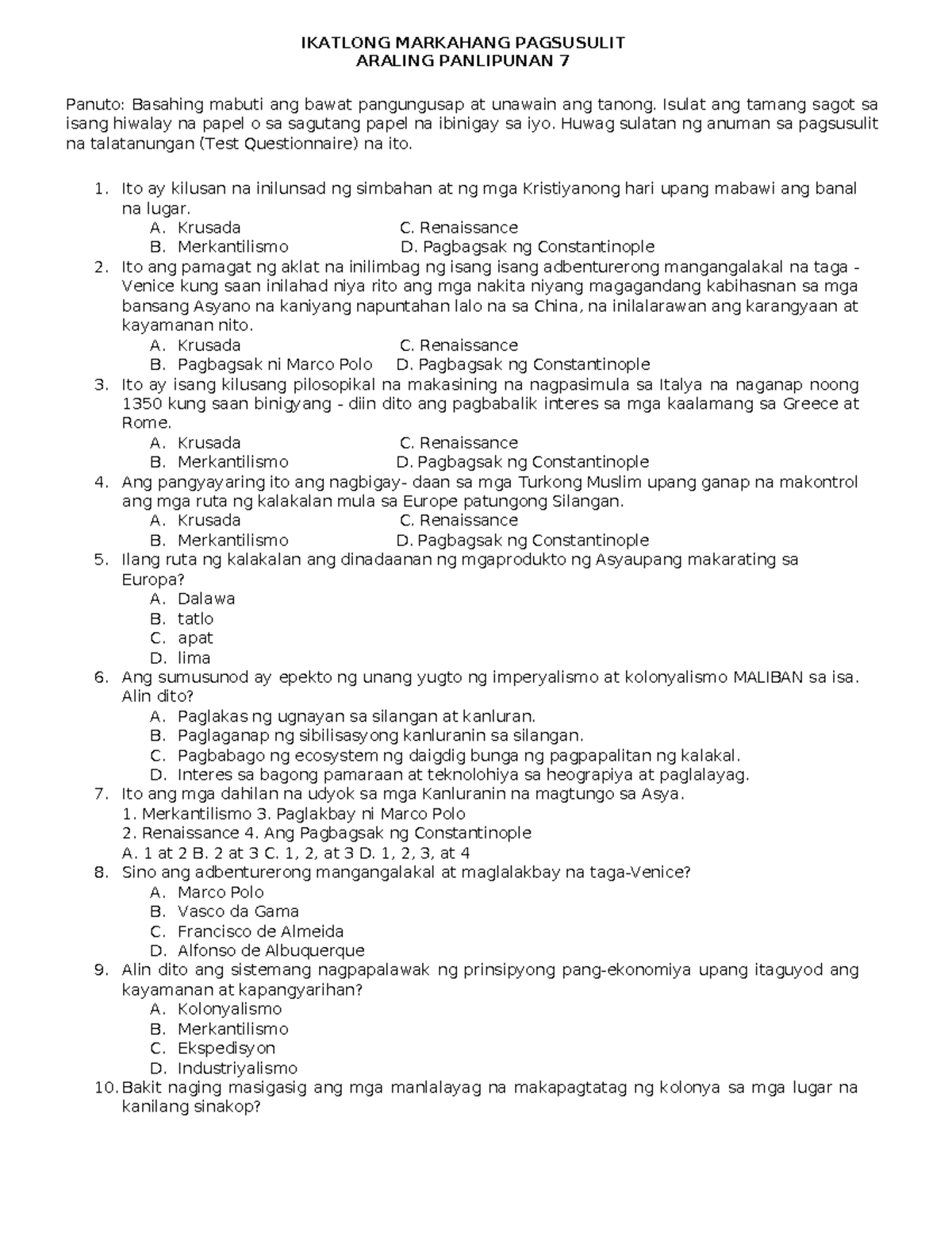 Ikatlong Markahang Pagsusulit ESP 9 - IKATLONG MARKAHANG PAGSUSULIT ...