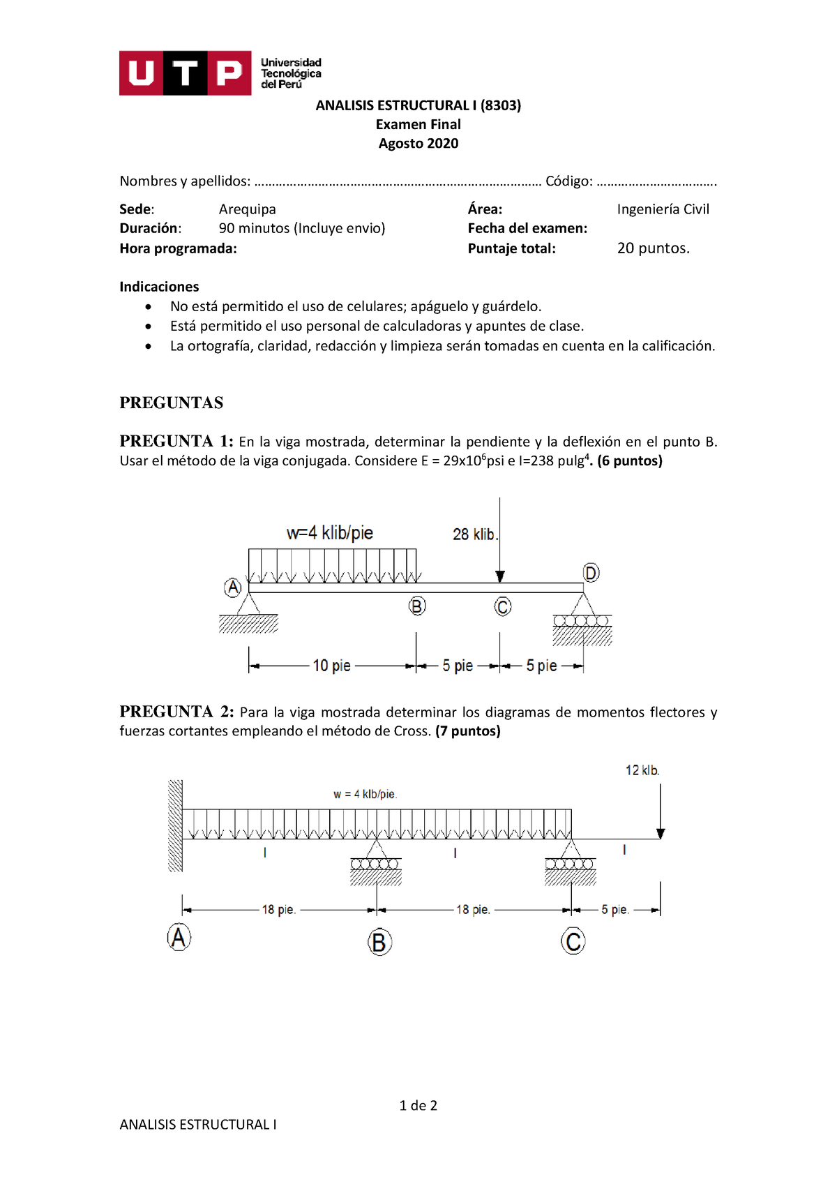 Examen Final Analisis Estructural I 8303 1 De 2 Analisis Estructural I Analisis 0310