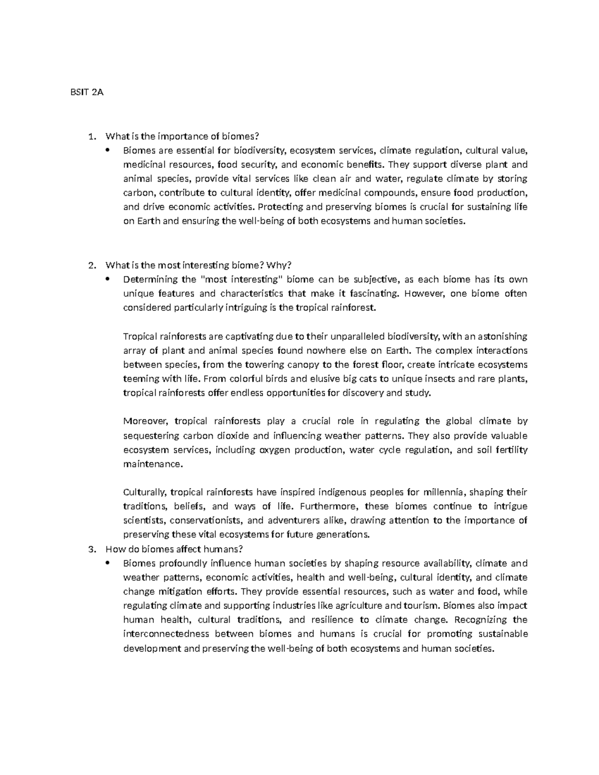 QUIZ - BSIT 2A What is the importance of biomes? Biomes are essential ...