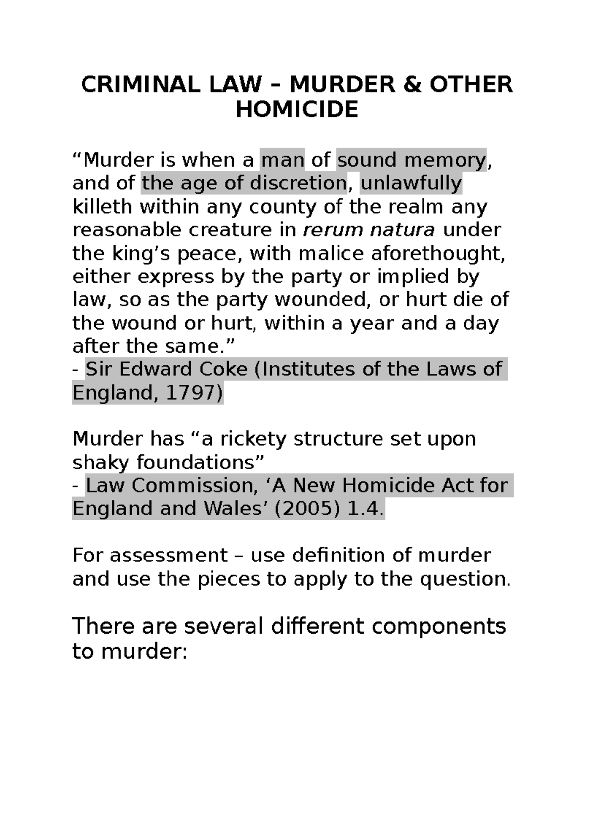 Criminal Law Lecture 4 - CRIMINAL LAW – MURDER & OTHER HOMICIDE “Murder ...