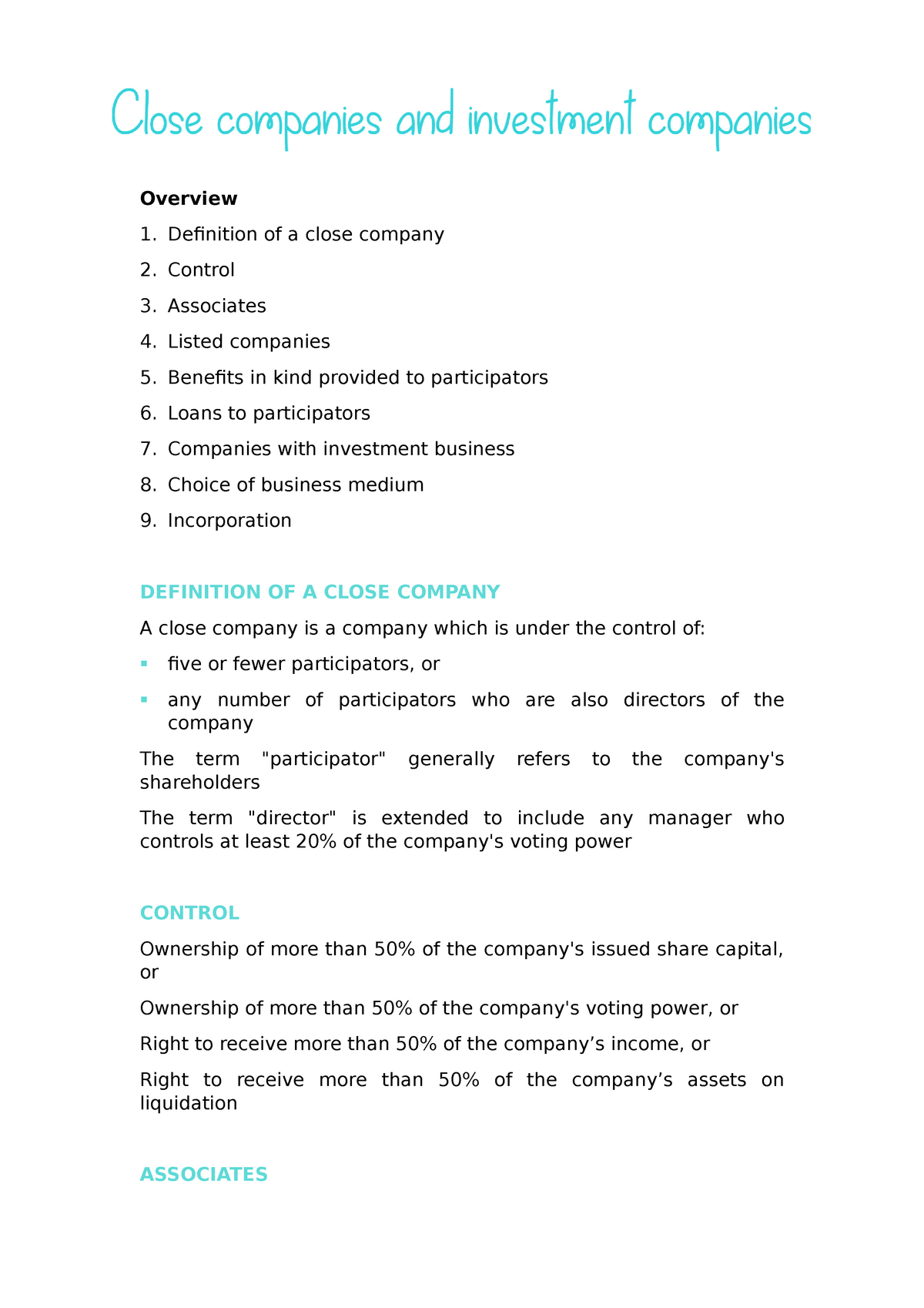 Chapter 21 Close companies and investment companies Overview