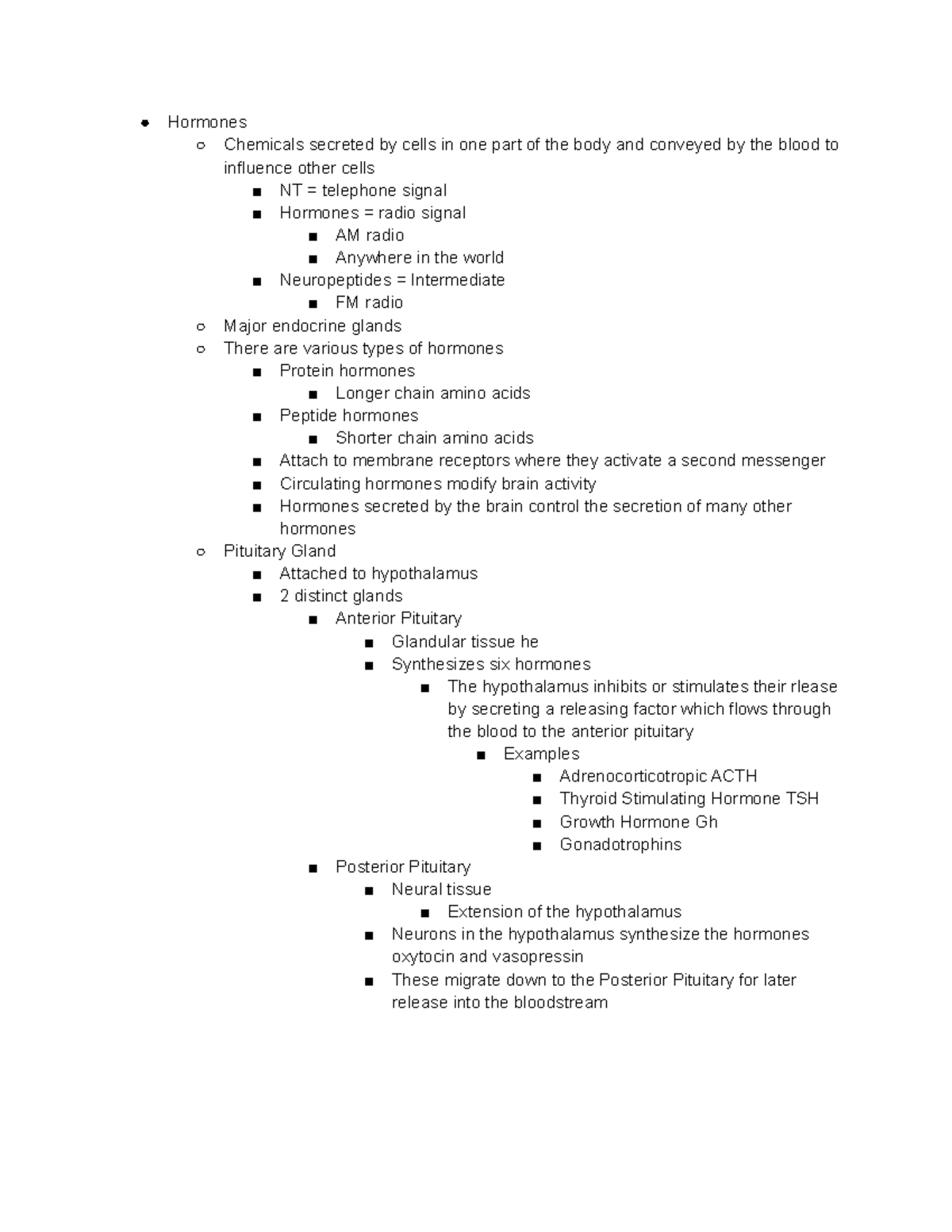 Lecture Ten - Hormones - notes - Hormones Chemicals secreted by cells ...