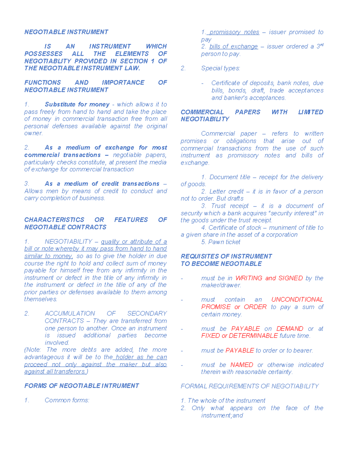 Nego-reviewer - Notes - NEGOTIABLE INSTRUMENT IS AN INSTRUMENT WHICH ...