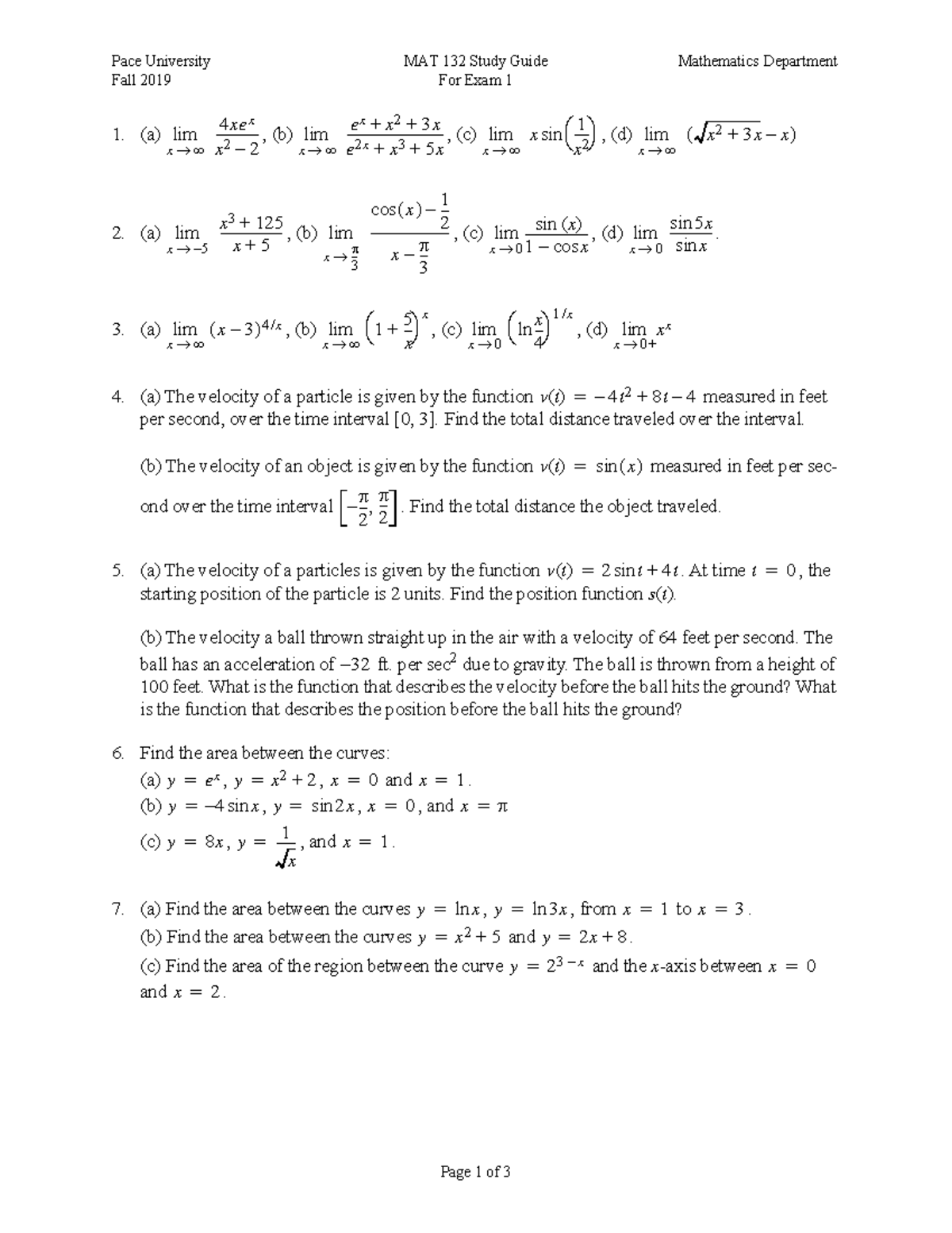 Study Guide MAT 132 Exam 1 Fall 2019 - Pace University MAT 132 Study ...