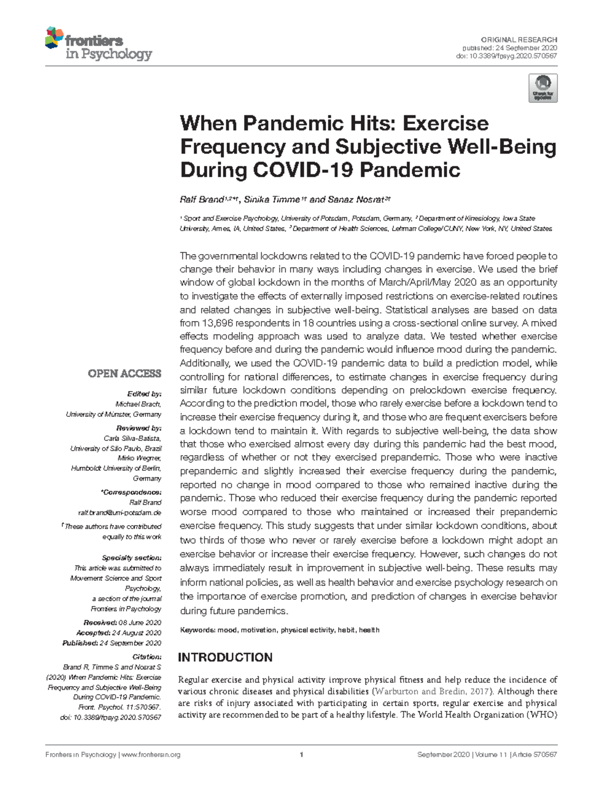 When Pandemic Hits Exercise Frequency and Subjective Well-Being During ...