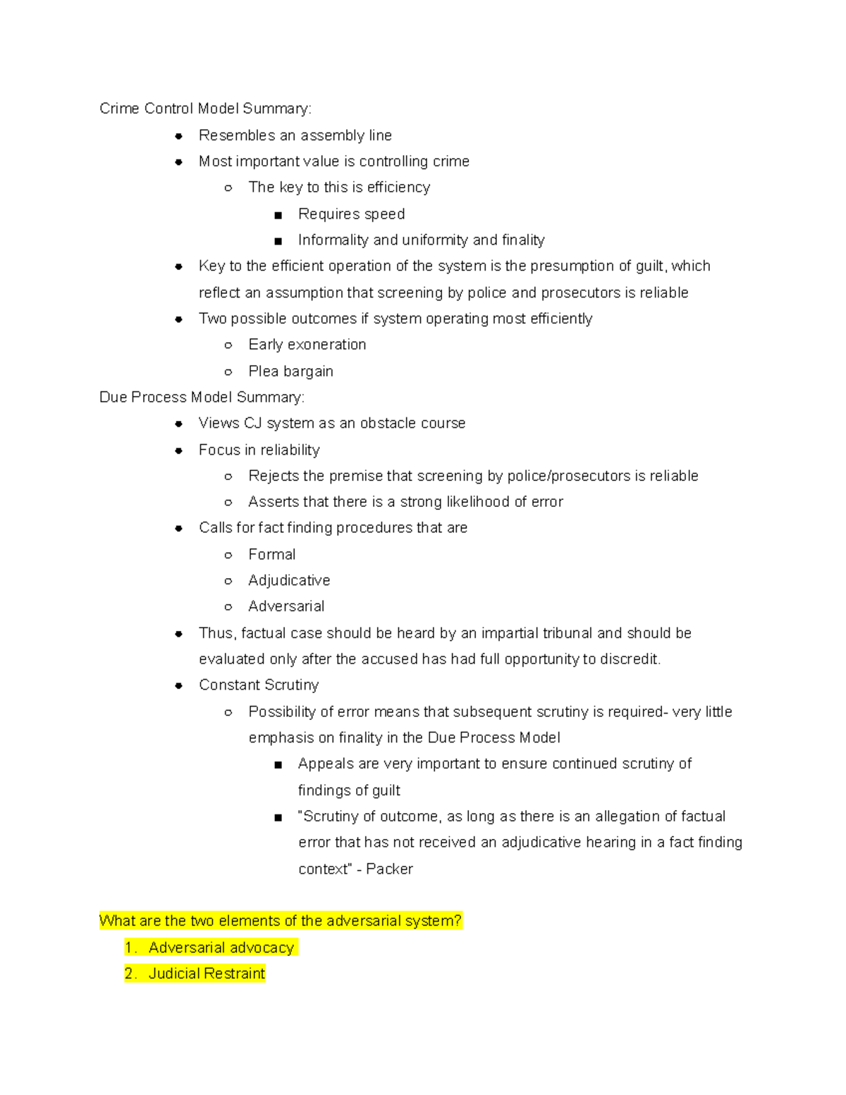 Restorative Justice Notes - Crime Control Model Summary: Resembles an ...
