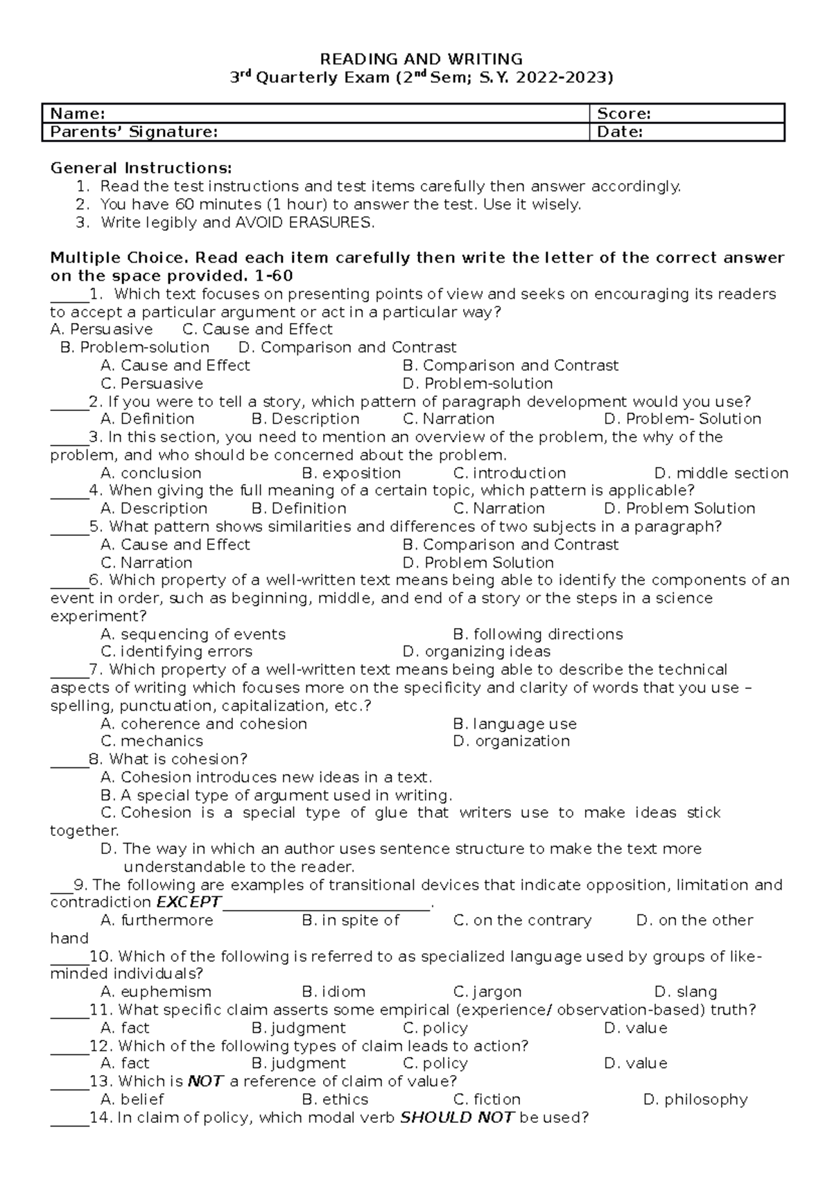 3rd quarterly exam Reading AND Writing READING AND WRITING 3 rd