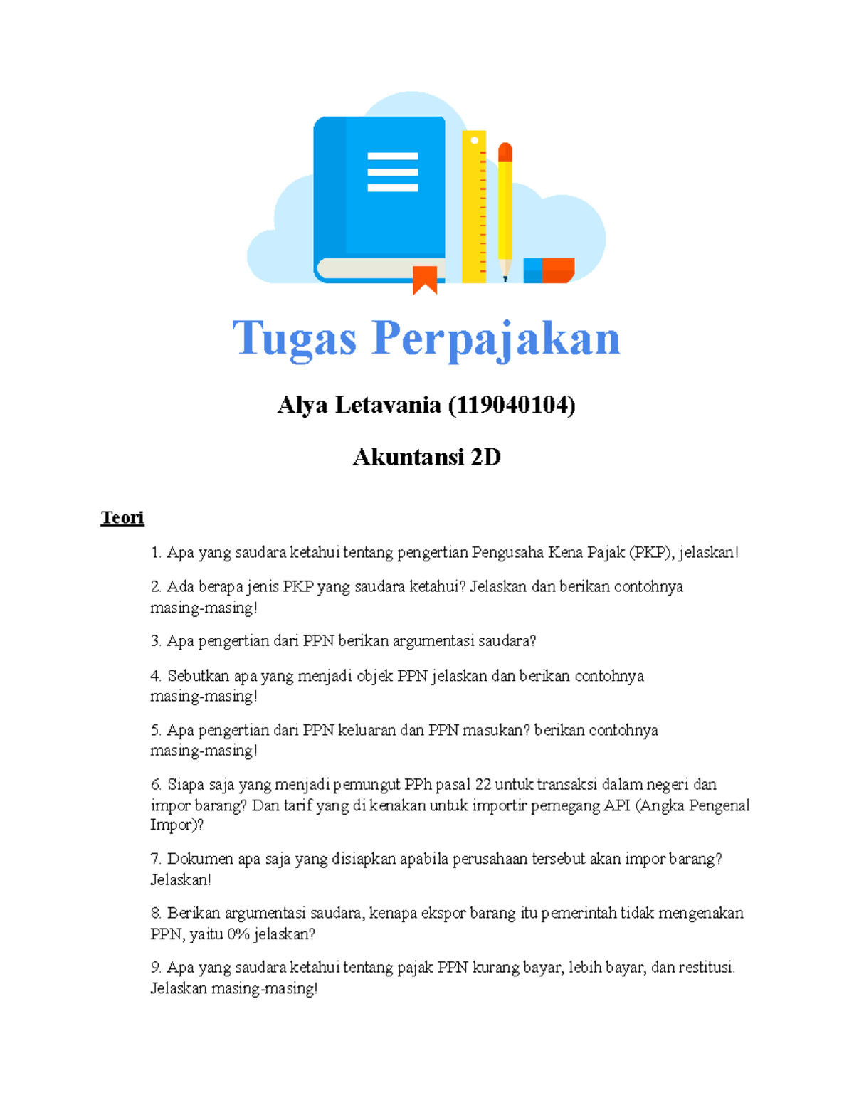 Tugas Perpajakan Ii Ppn Tugas Perpajakan Alya Letavania 119040104