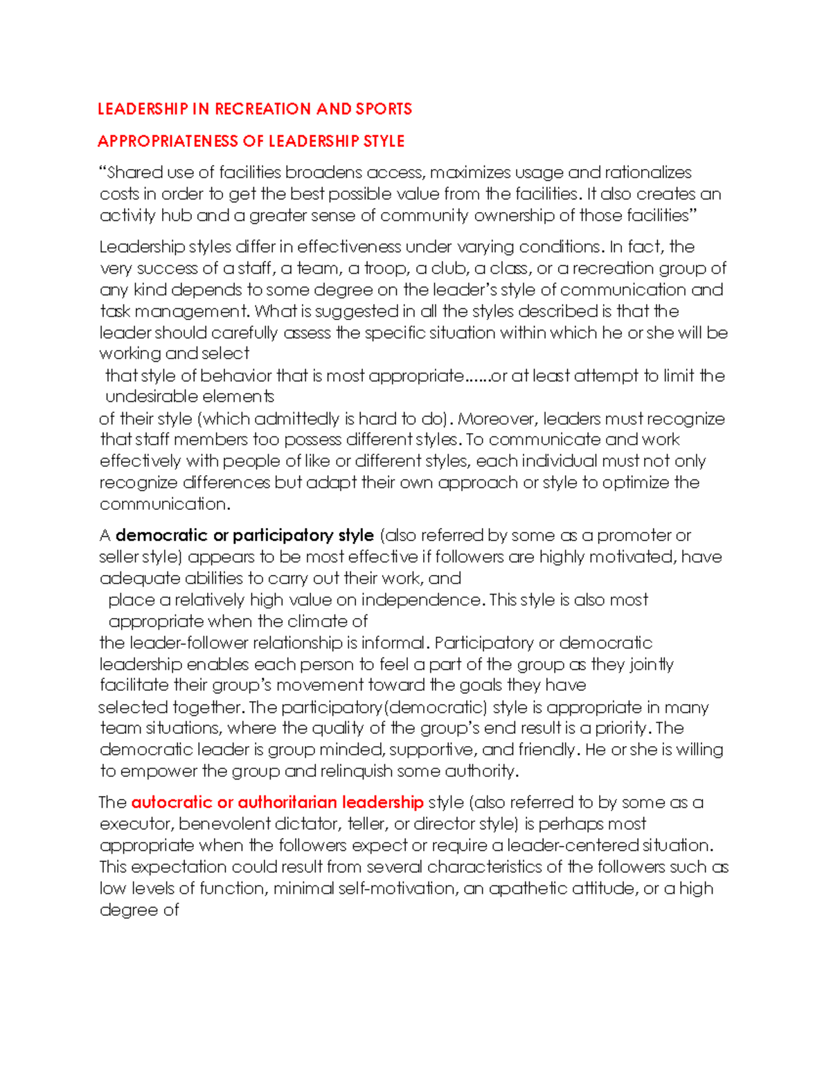 Leadership IN Recreation AND Sports - Physical Education - Studocu