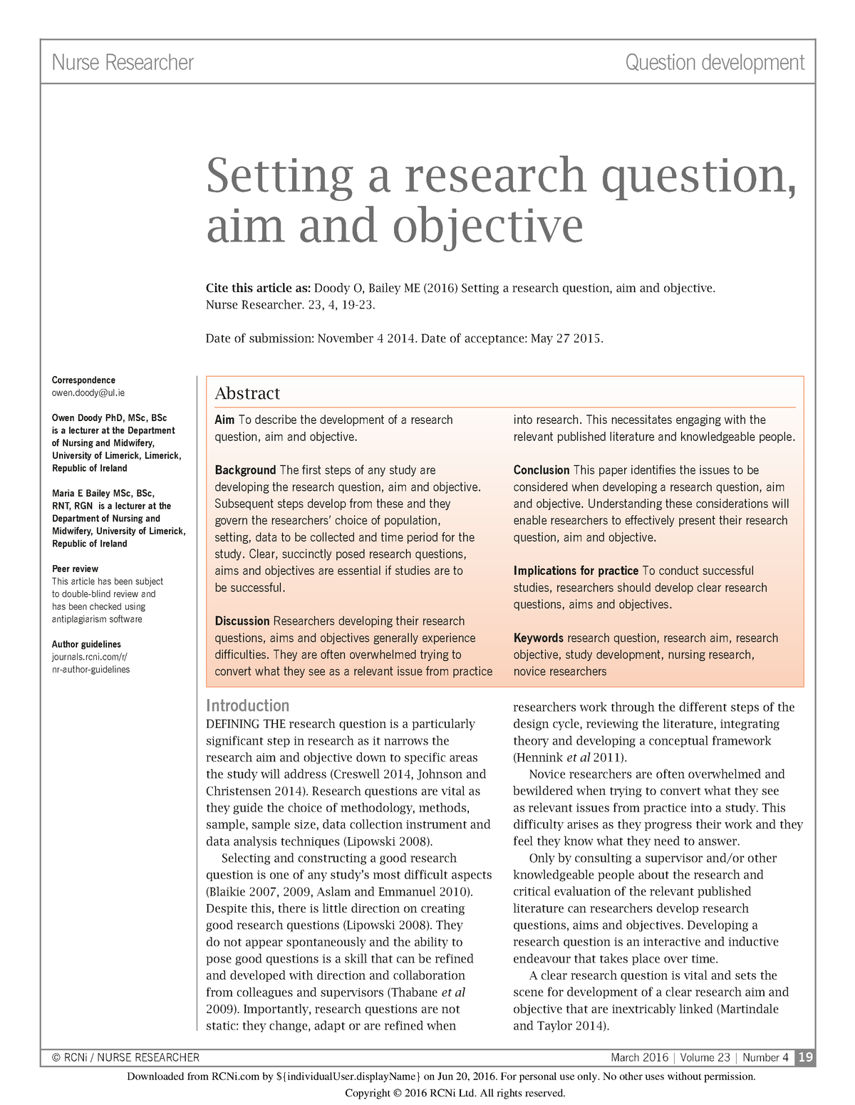 nursing research objective questions