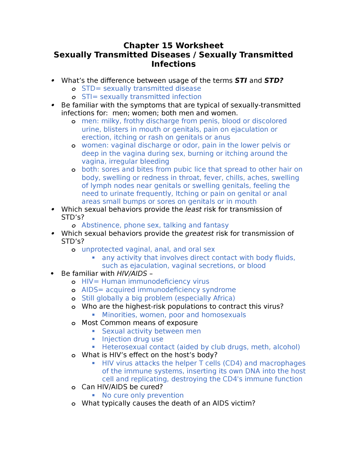 Chp 15 For Margie Stickney Chapter 15 Worksheet Sexually Transmitted Diseases Sexually 2963