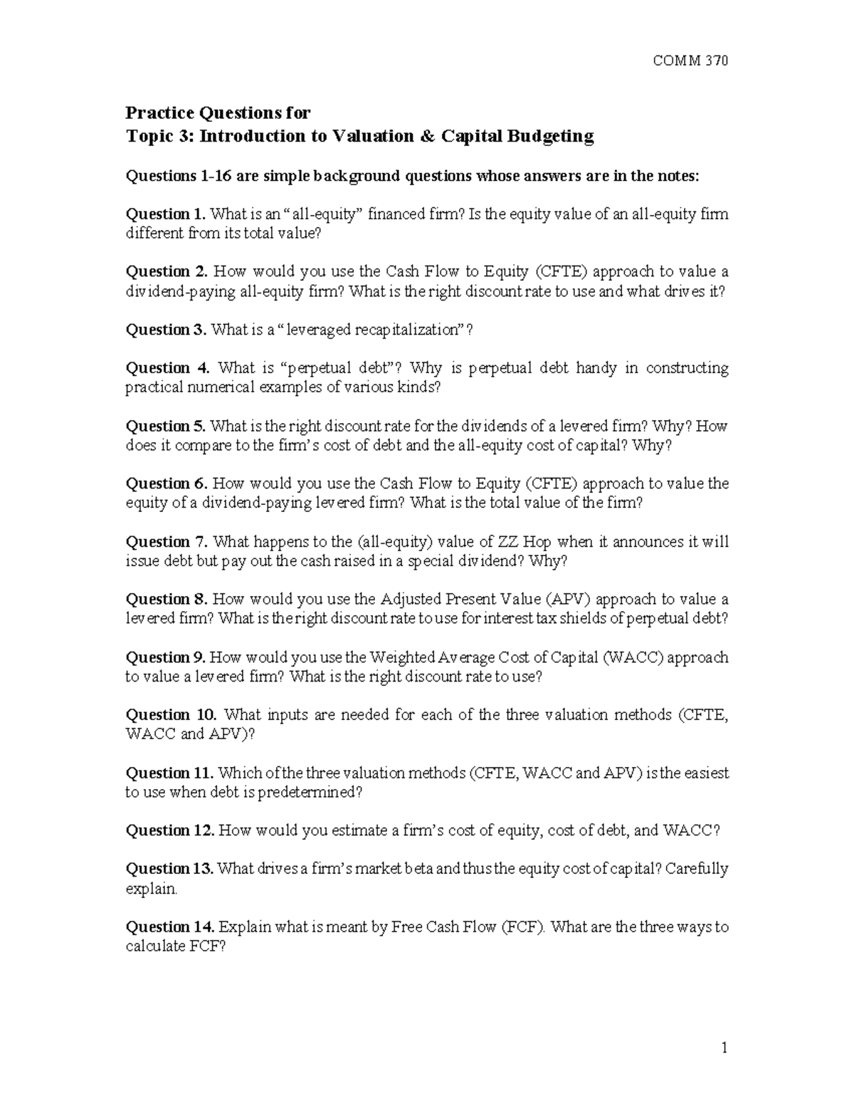Topic 3 - Introduction to Valuation and Capital Budgeting - Practice ...