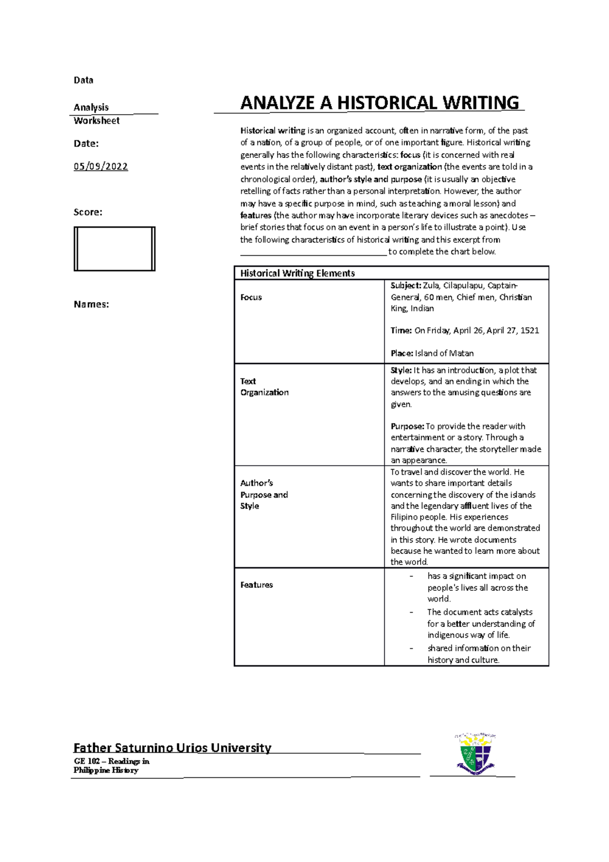 Document Analysis Worksheet Historical writing - Data Analysis 