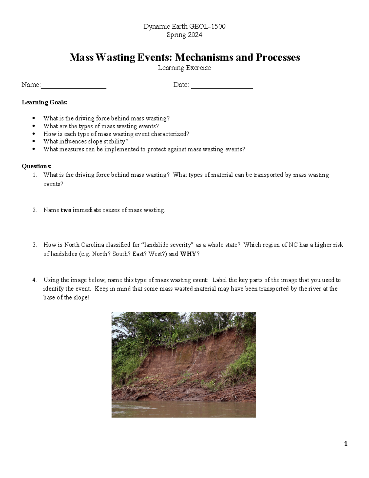 Exercise 6 Mass Wasting Activity Spring 2024 Dynamic Earth GEOL