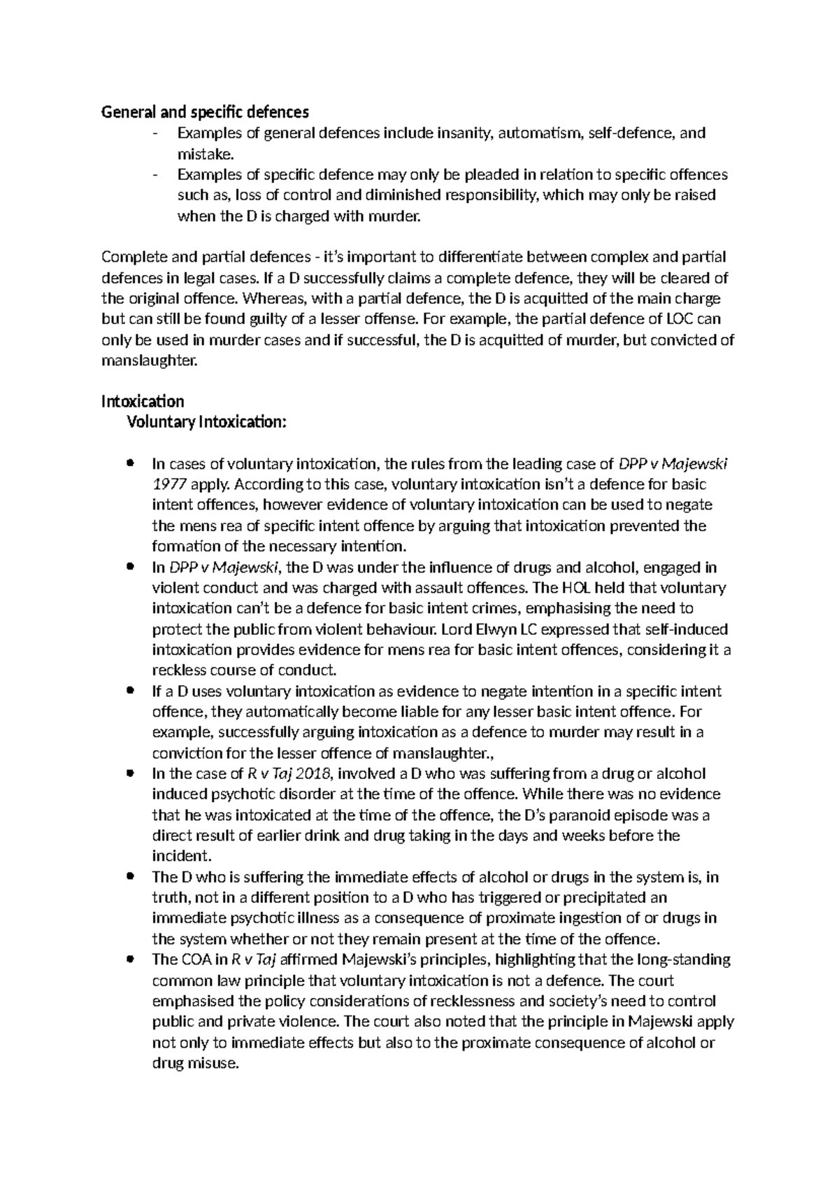 Intoxication - work about criminal law - General and specific defences ...