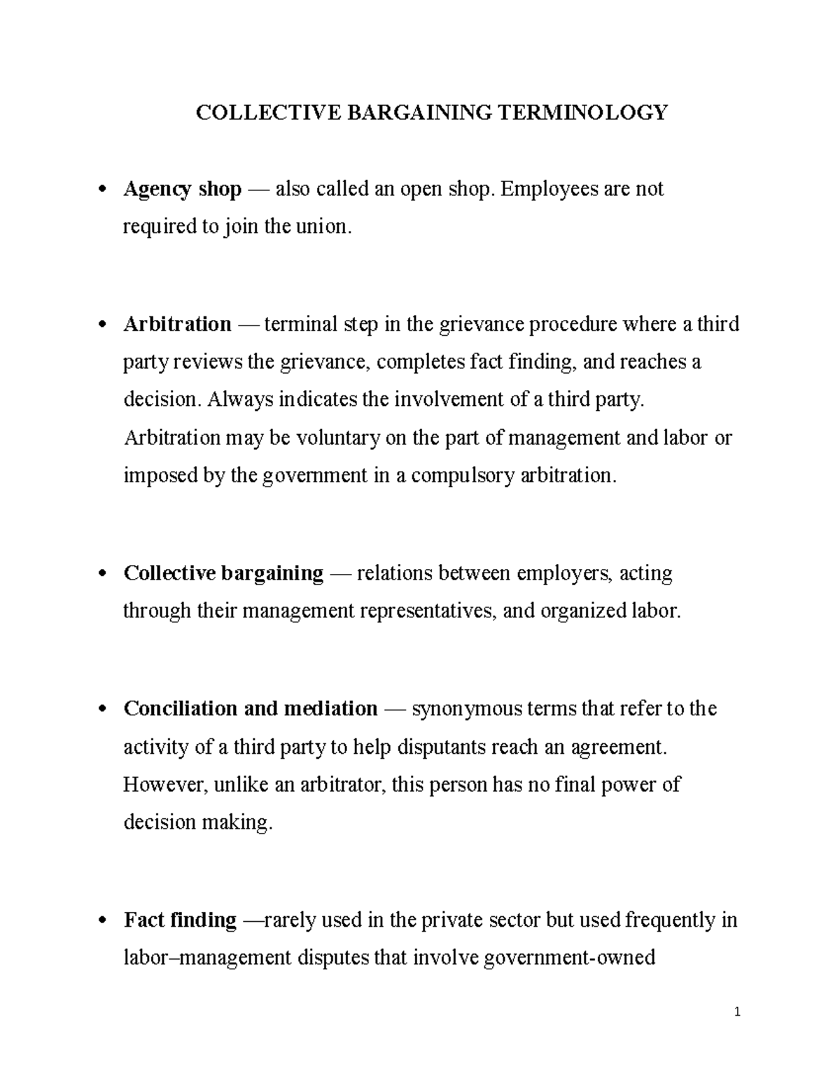 Collective Bargaining Terminology - COLLECTIVE BARGAINING TERMINOLOGY