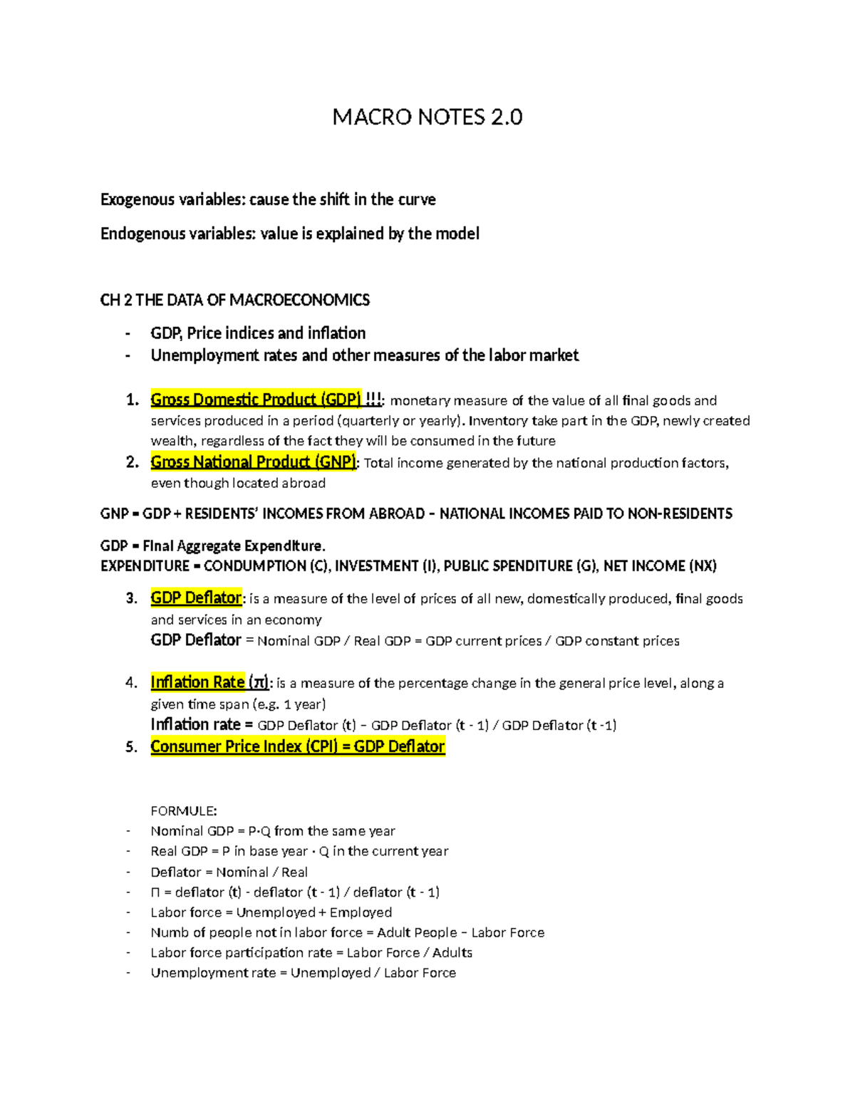 Macro Notes preparation 4 exam - MACRO NOTES 2. Exogenous variables ...