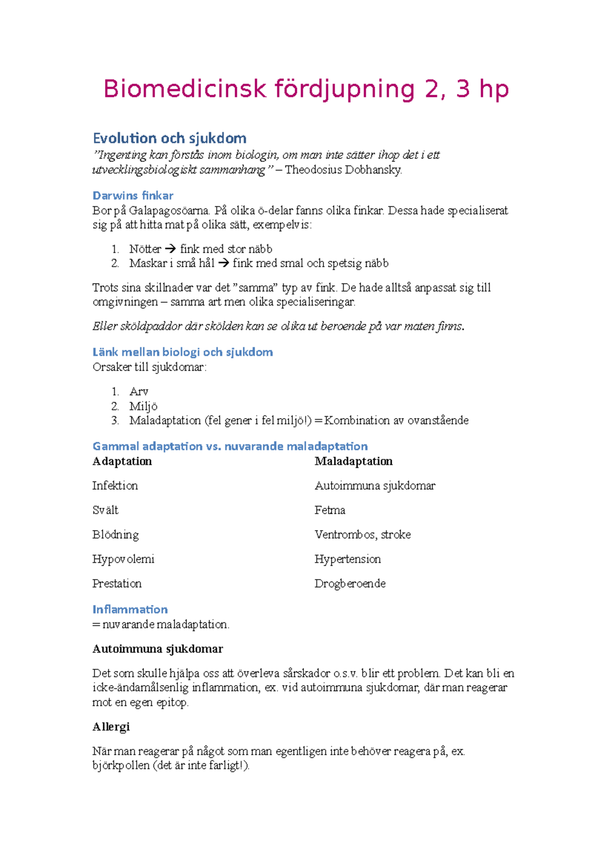 Lecture Notes, Lecture All - Biomedicinsk Fördjupning 2, 3 Hp ...