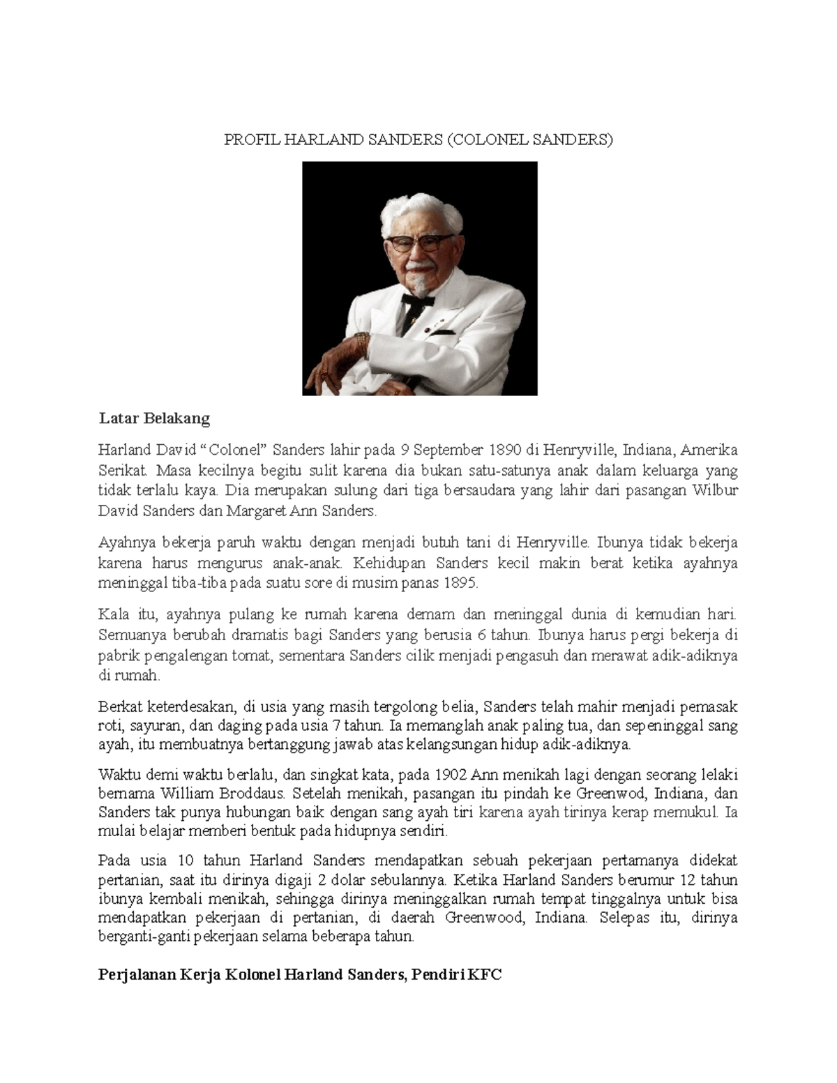 Tugas profile tokoh bisnis - PROFIL HARLAND SANDERS (COLONEL SANDERS ...