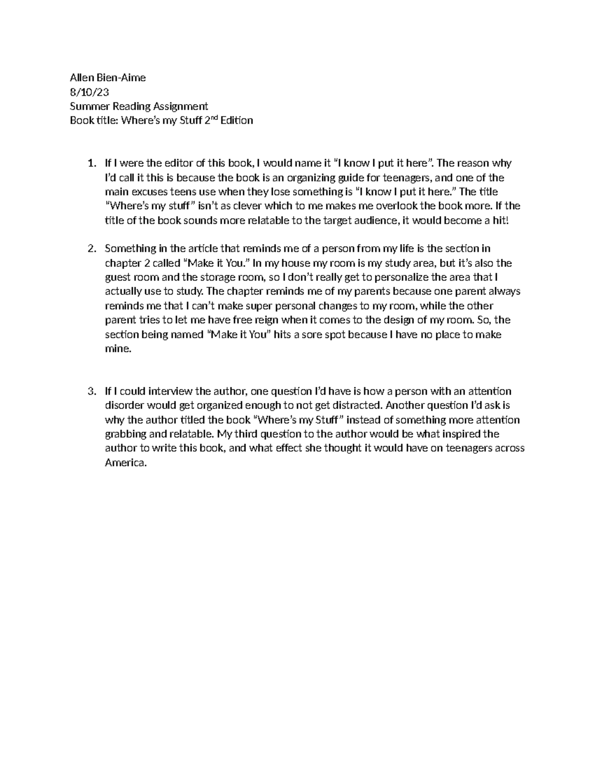 Summer Reading 2023 Allen BienAime 8/10/ Summer Reading Assignment