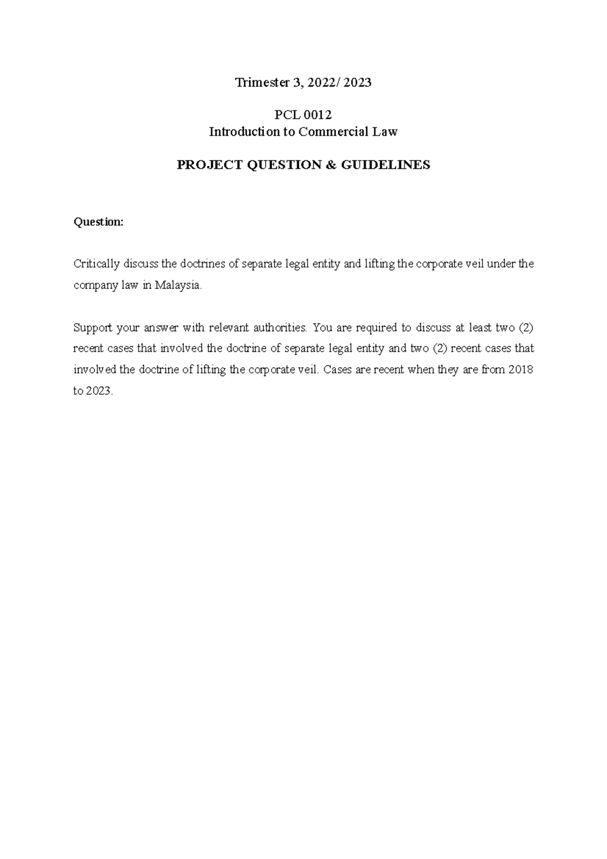 2230 Project Questions and Guidelines Trimester 3, 2022/ 2023 PCL