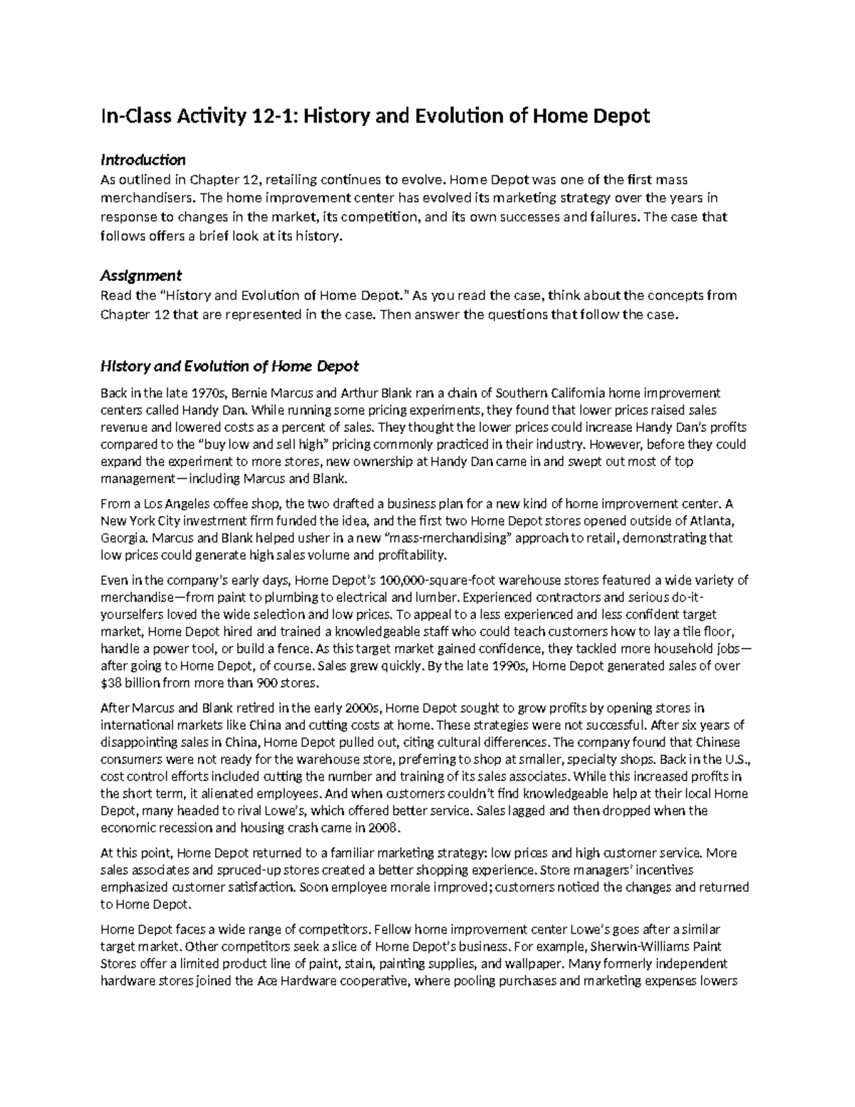 121 Home Depot Case InClass Activity 121 History and Evolution of