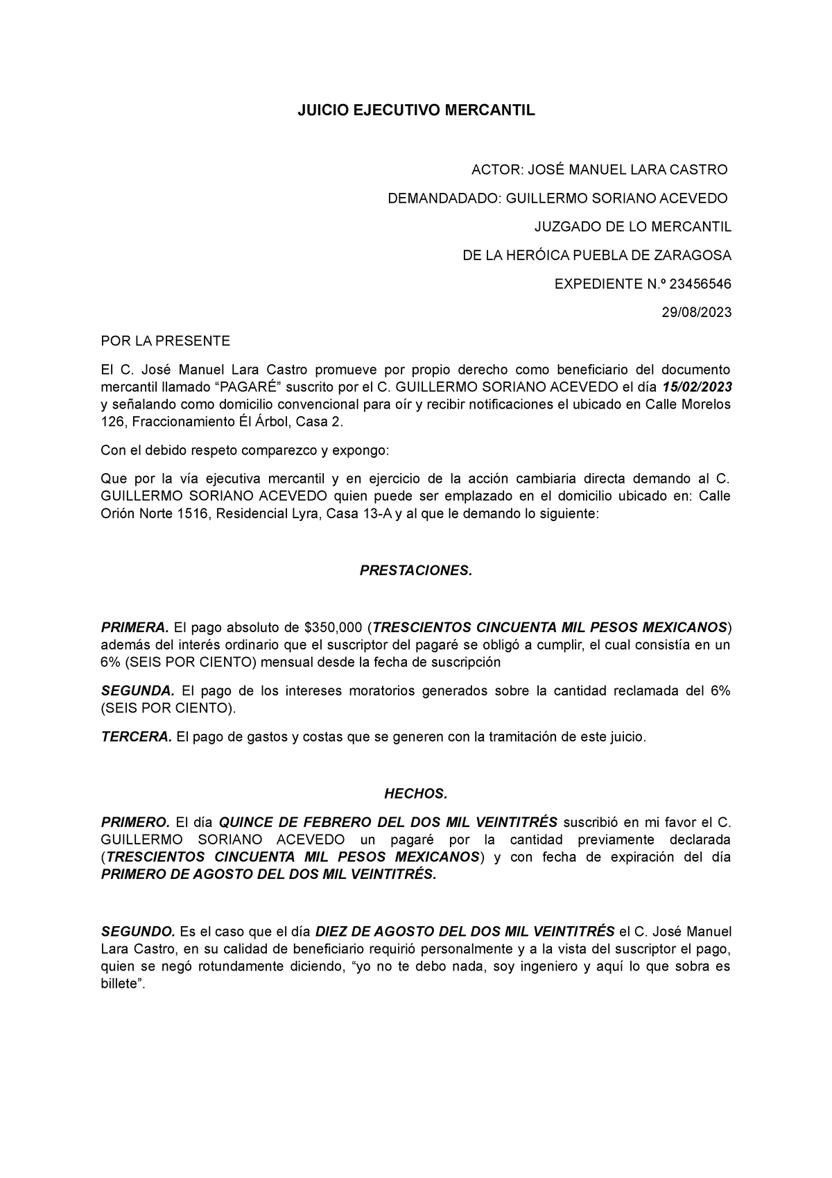 Demanda Ejecutivo Mercantil - JUICIO EJECUTIVO MERCANTIL ACTOR: JOSÉ ...