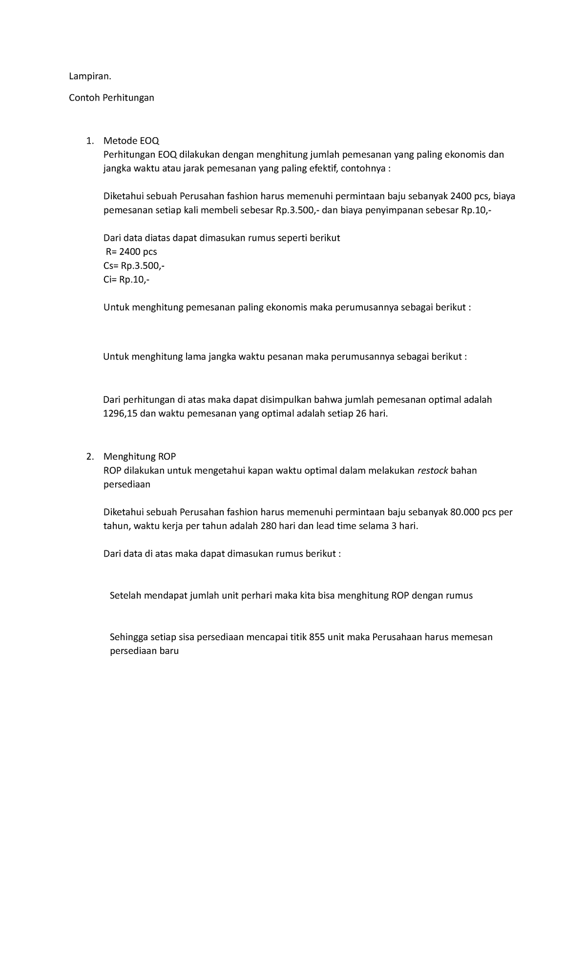 Lampiran Perhitungan EOQ dan ROP - Lampiran. Contoh Perhitungan 1 ...