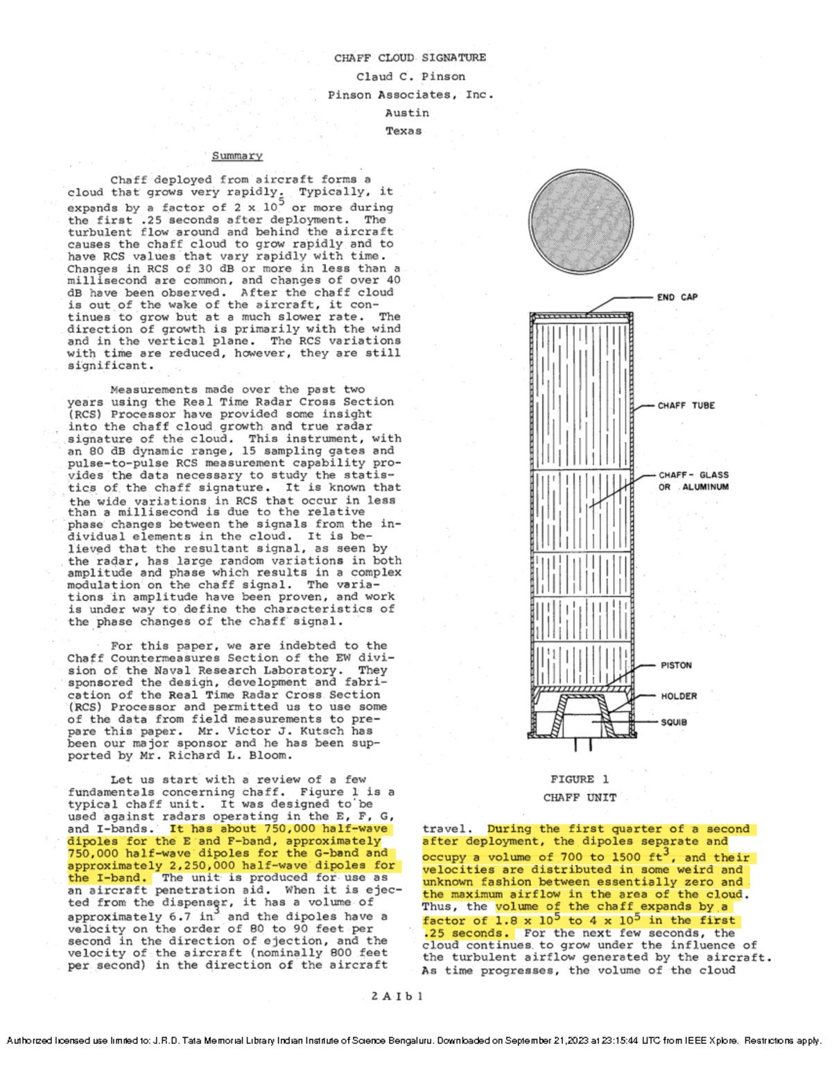 Chaff Cloud Signature CHAFF CLOUD SIGNATURE Claud C. Pinson Pinson