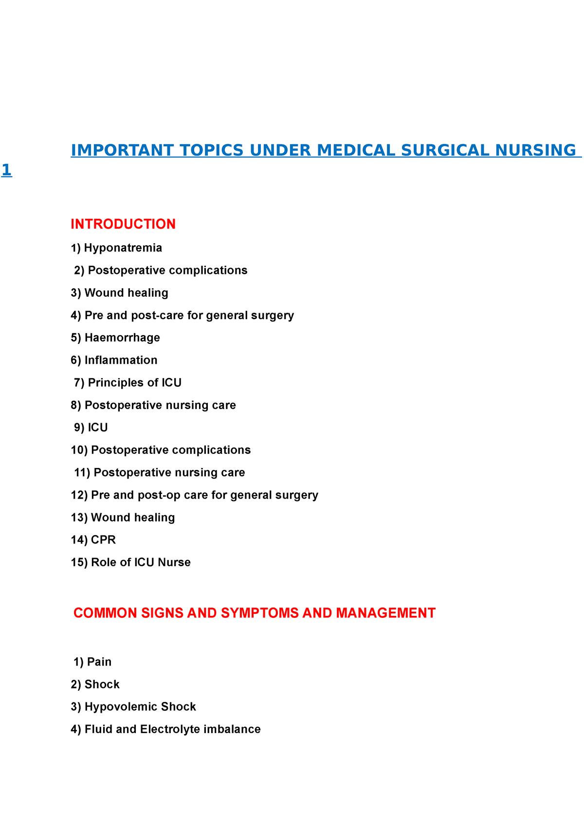 Important Topics Under Medical Surgical Nursing IMPORTANT TOPICS 