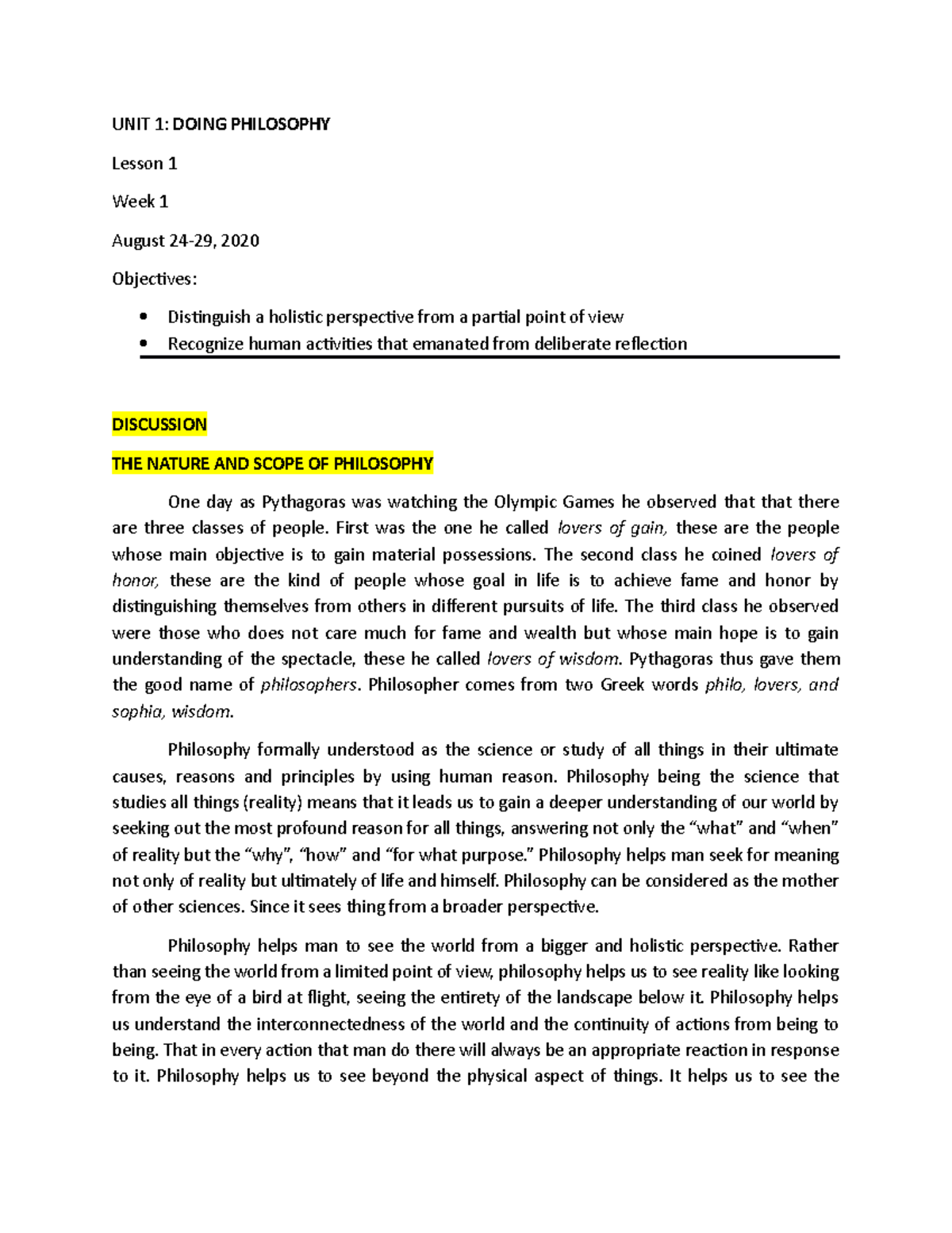 LM1 IPHP - notes - UNIT 1: DOING PHILOSOPHY Lesson 1 Week 1 August 24 ...