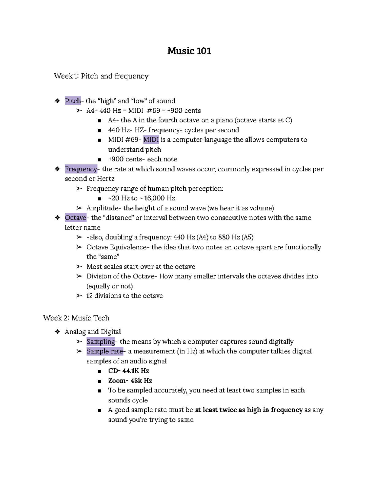 Music 101 Lecture notes on pitch and frequency Music 101 Week 1